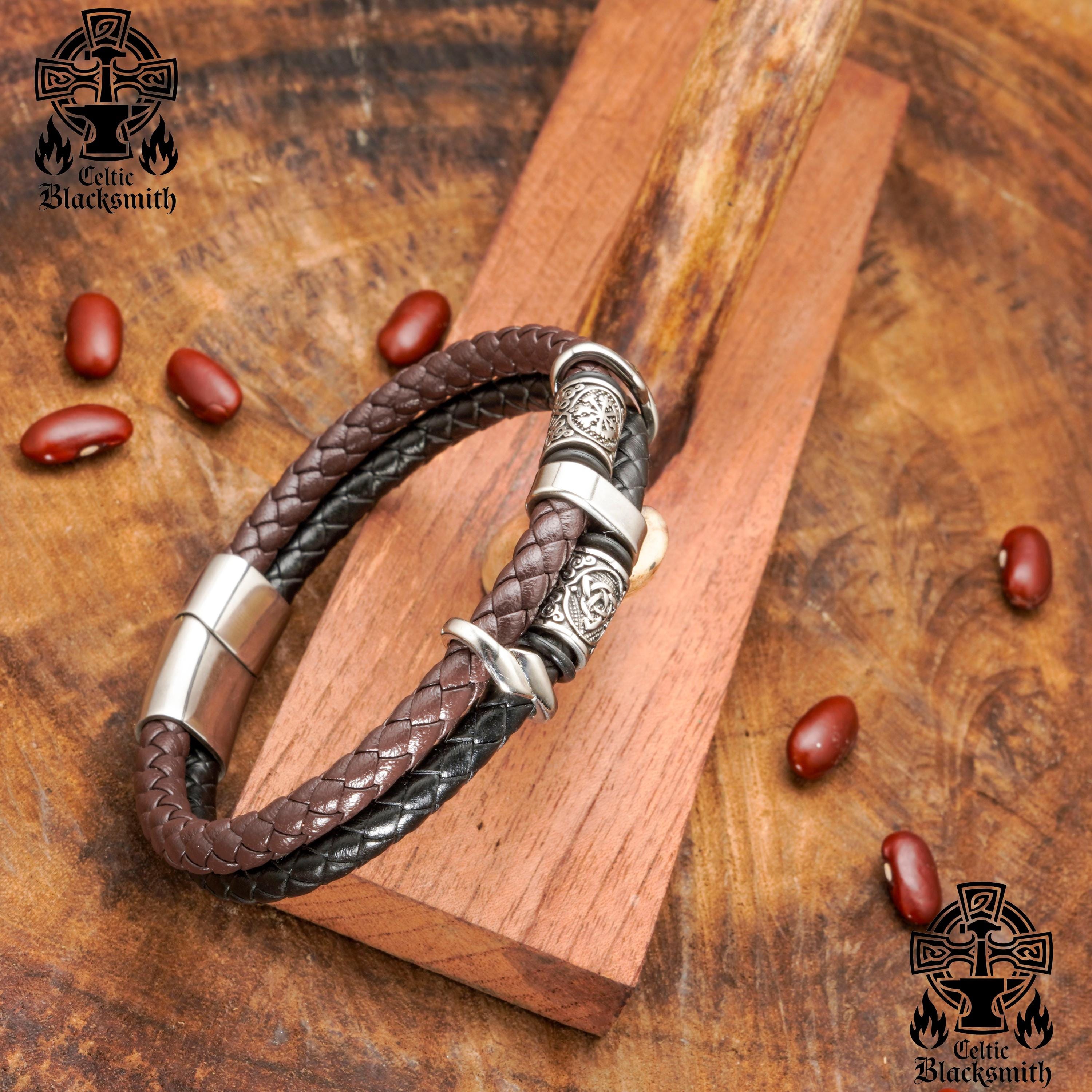 Viking Bracelet - Midnight Charm Double Black Braided Leather Cuff - Handmade Stylish Viking Steel