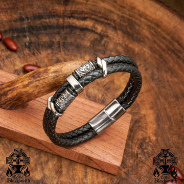 Viking Bracelet - Midnight Charm Double Black Braided Leather Cuff - Handmade Stylish Viking Steel