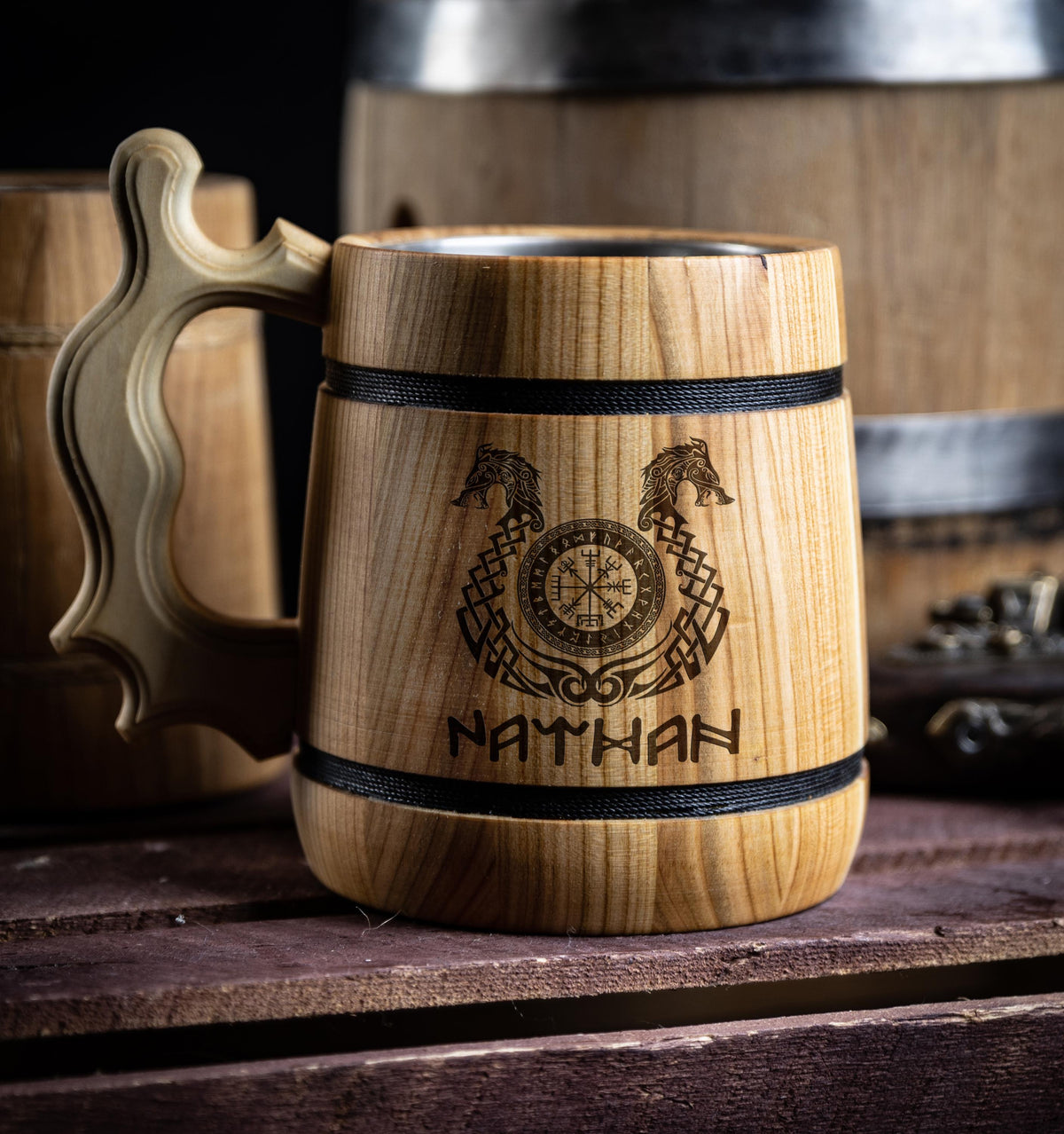 Viking Mug - Personalized Wooden Beer Mug: Custom Engraved Viking Tankard, Oak or Walnut