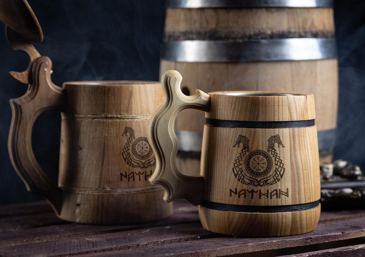 Viking Mug - Personalized Wooden Beer Mug: Custom Engraved Viking Tankard, Oak or Walnut