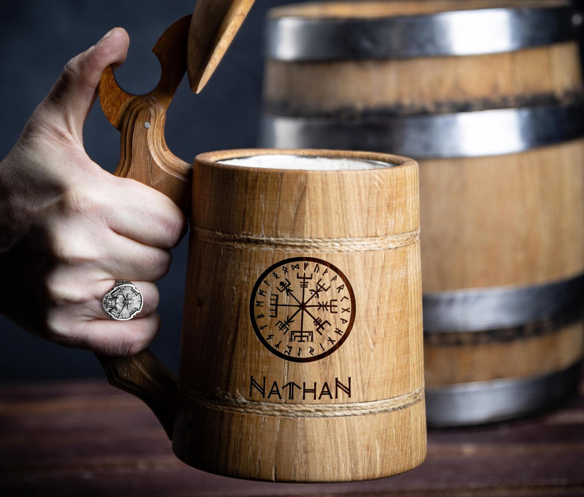 Viking Mug - Personalized Wooden Beer Mug: Custom Engraved Viking Tankard, Oak or Walnut
