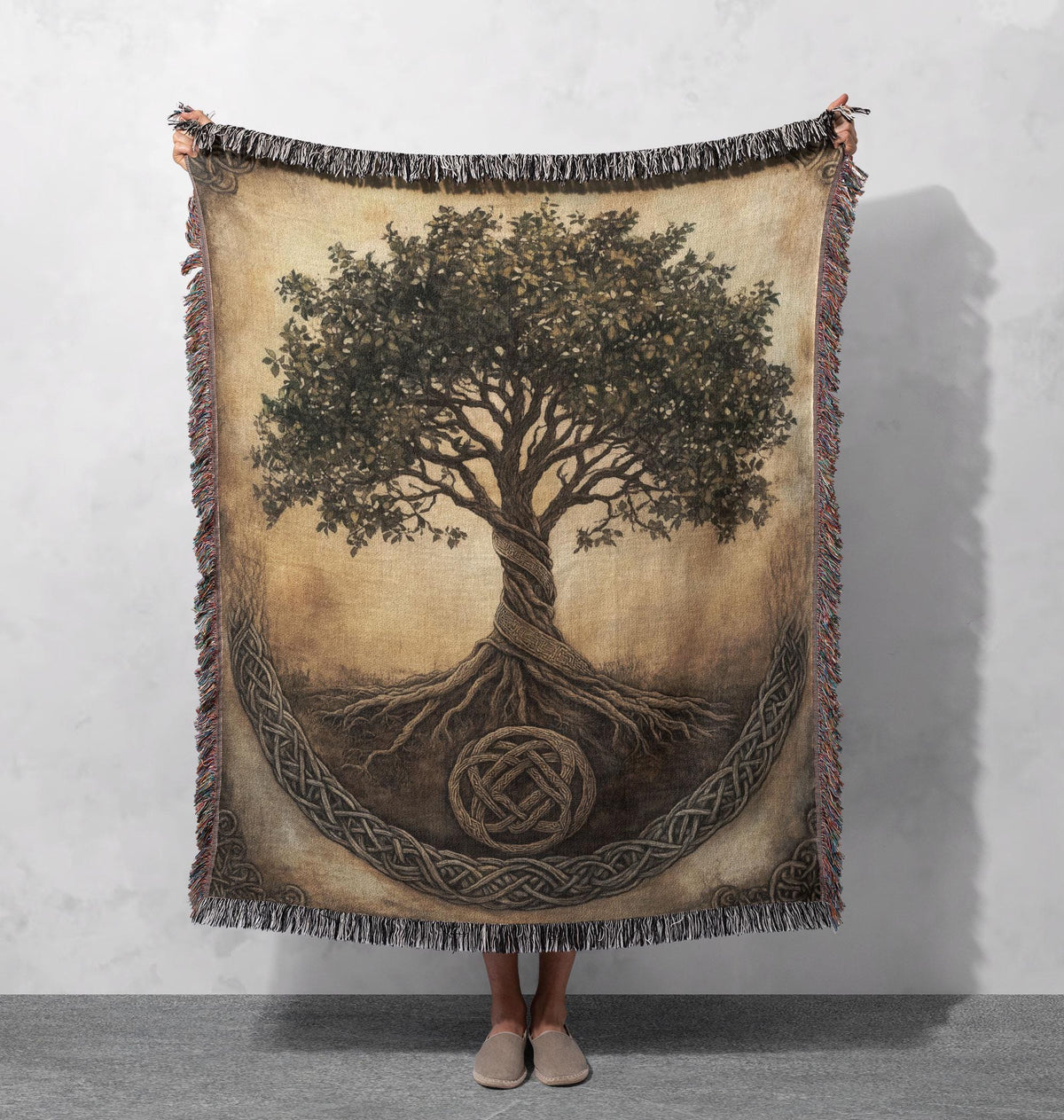 Viking Wolf Blanket - Norse Tree of Life Woven Blanket, Yggdrasil Raven and Wolf Tapestry Throw