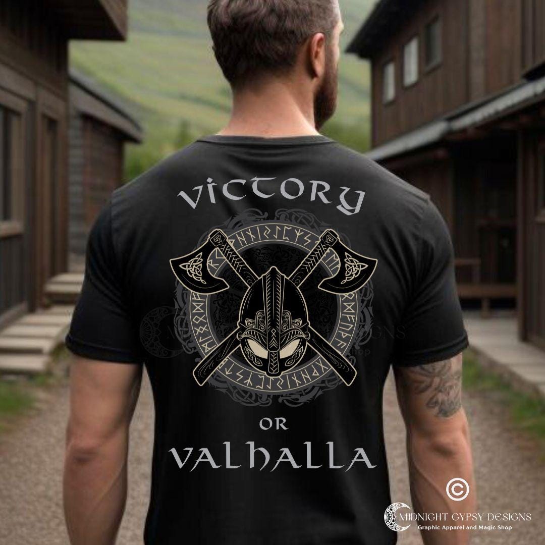 Viking Valhalla T-Shirt - Victory Or Valhalla - Distressed American Viking Skull T-Shirt: Patriotic