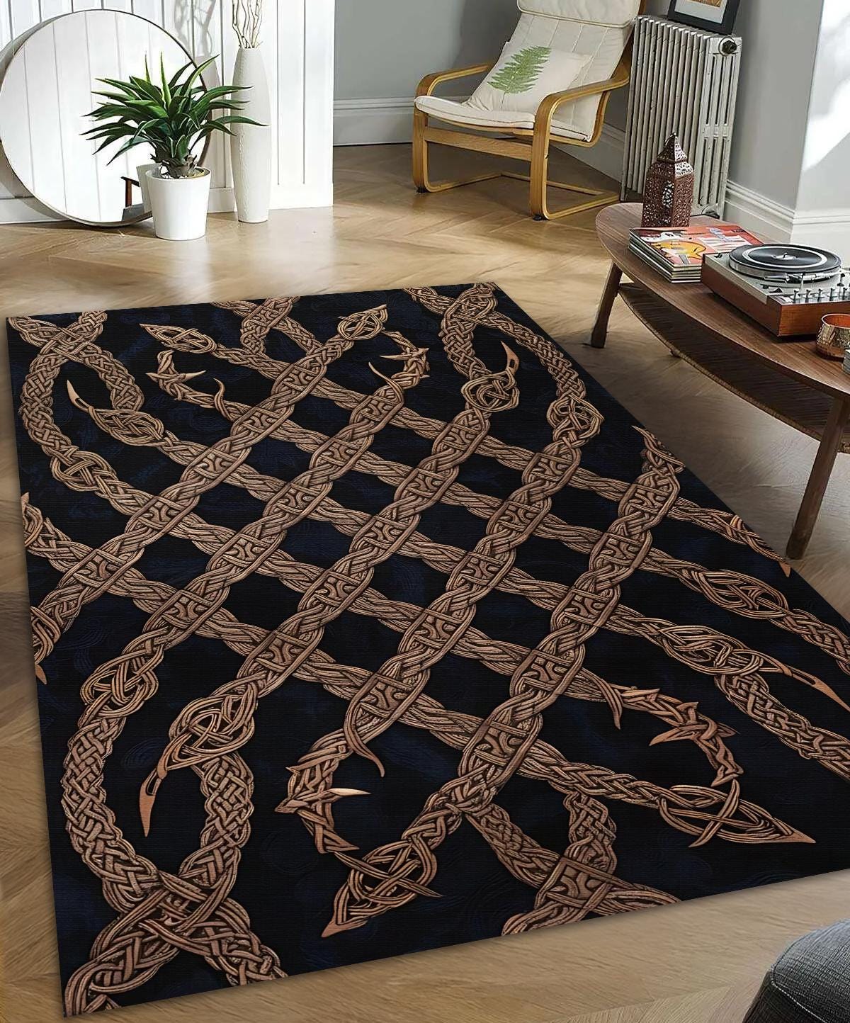 Viking Raven Rug - Viking Norse Mythology Rug, Raven Tree of Life, Nordic Ship Design, Celtic Knot