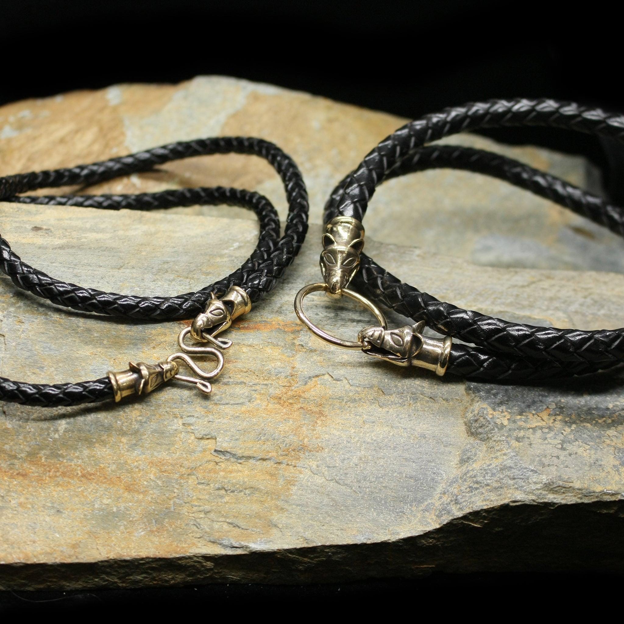 Viking Necklace - Braided Leather Dragon Necklace – Viking Necklace with Silver Dragon End Caps