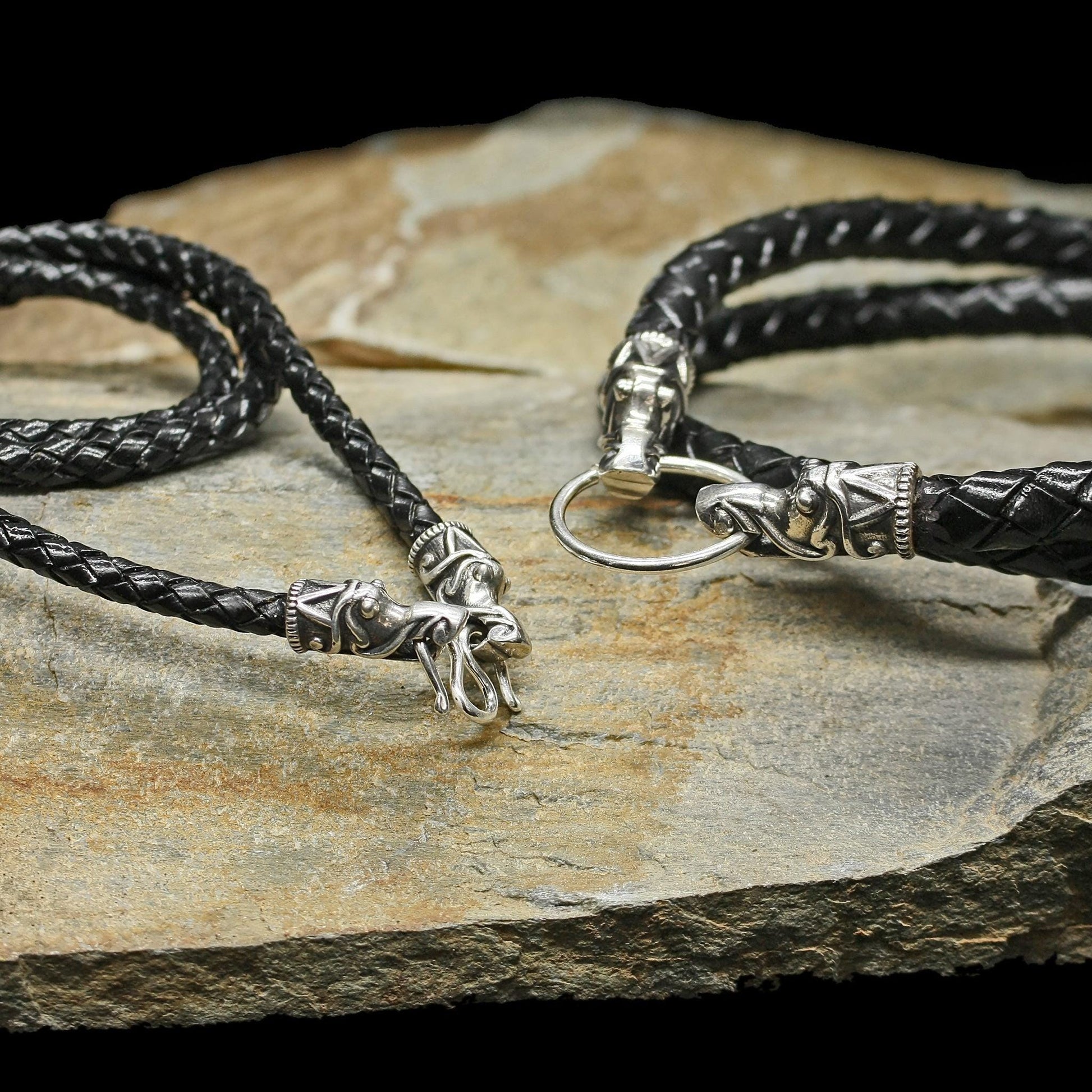 Viking Necklace - Braided Leather Dragon Necklace – Viking Necklace with Silver Dragon End Caps