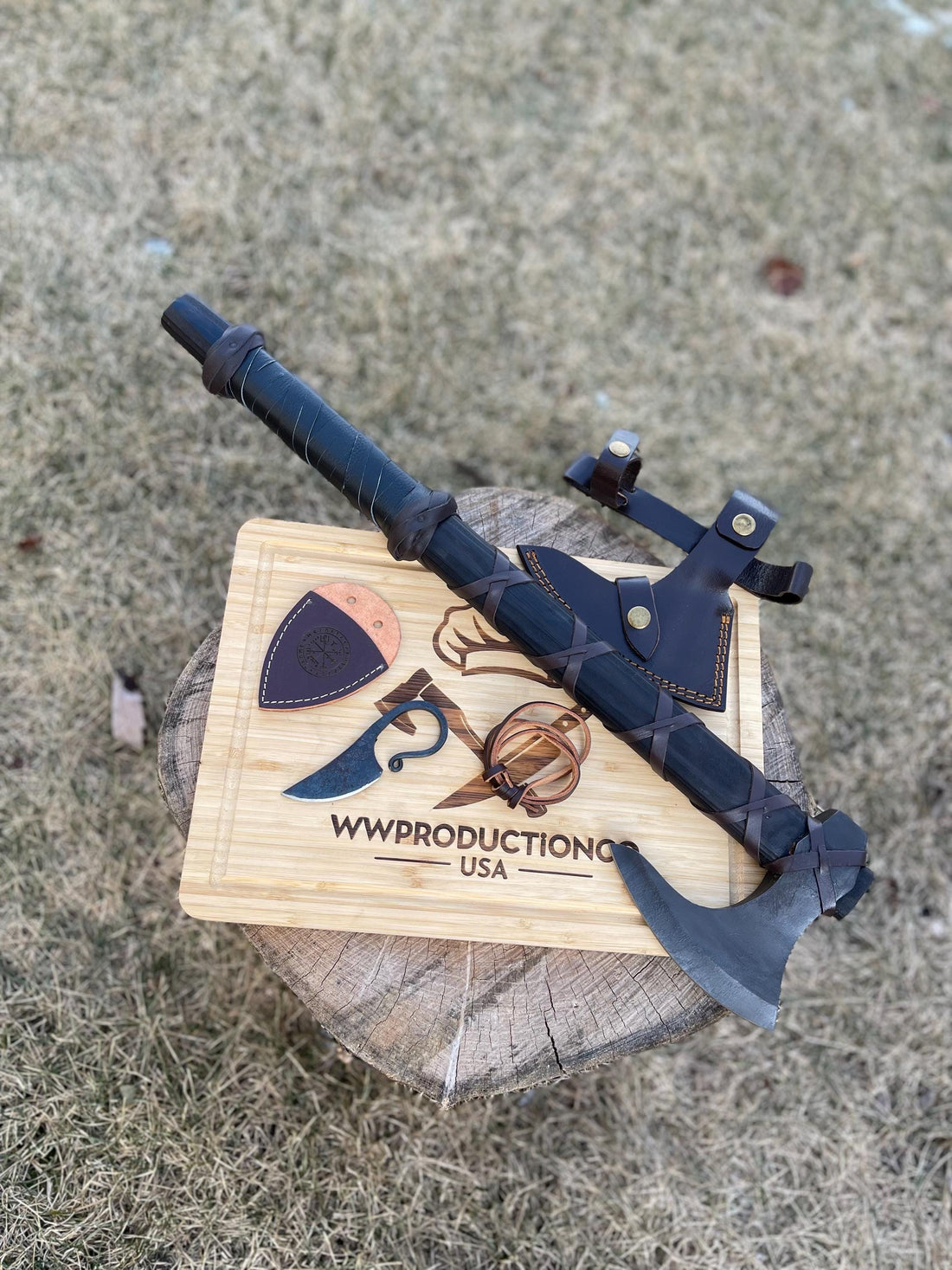 Viking Weapon Replica - Hand Forged Viking Axe: Black Camping Axe with Leather Cover