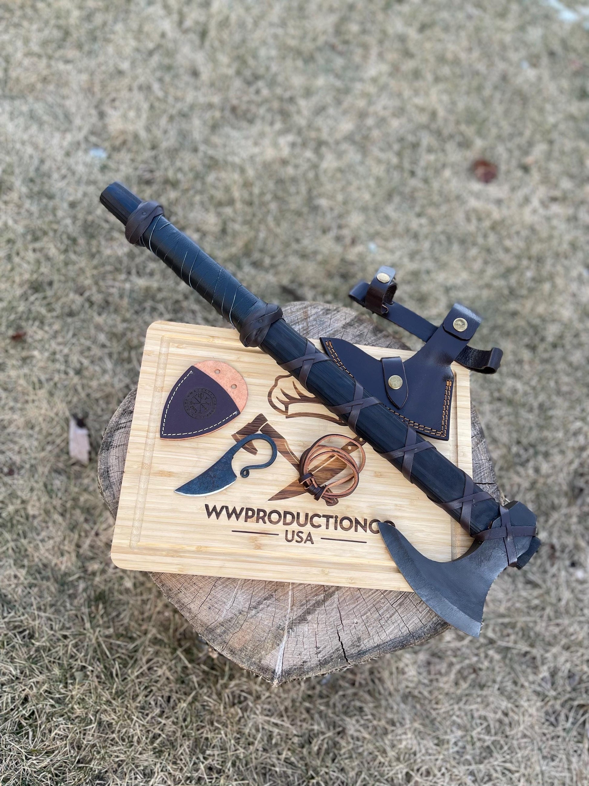 Viking Weapon Replica - Hand Forged Viking Axe: Black Camping Axe with Leather Cover