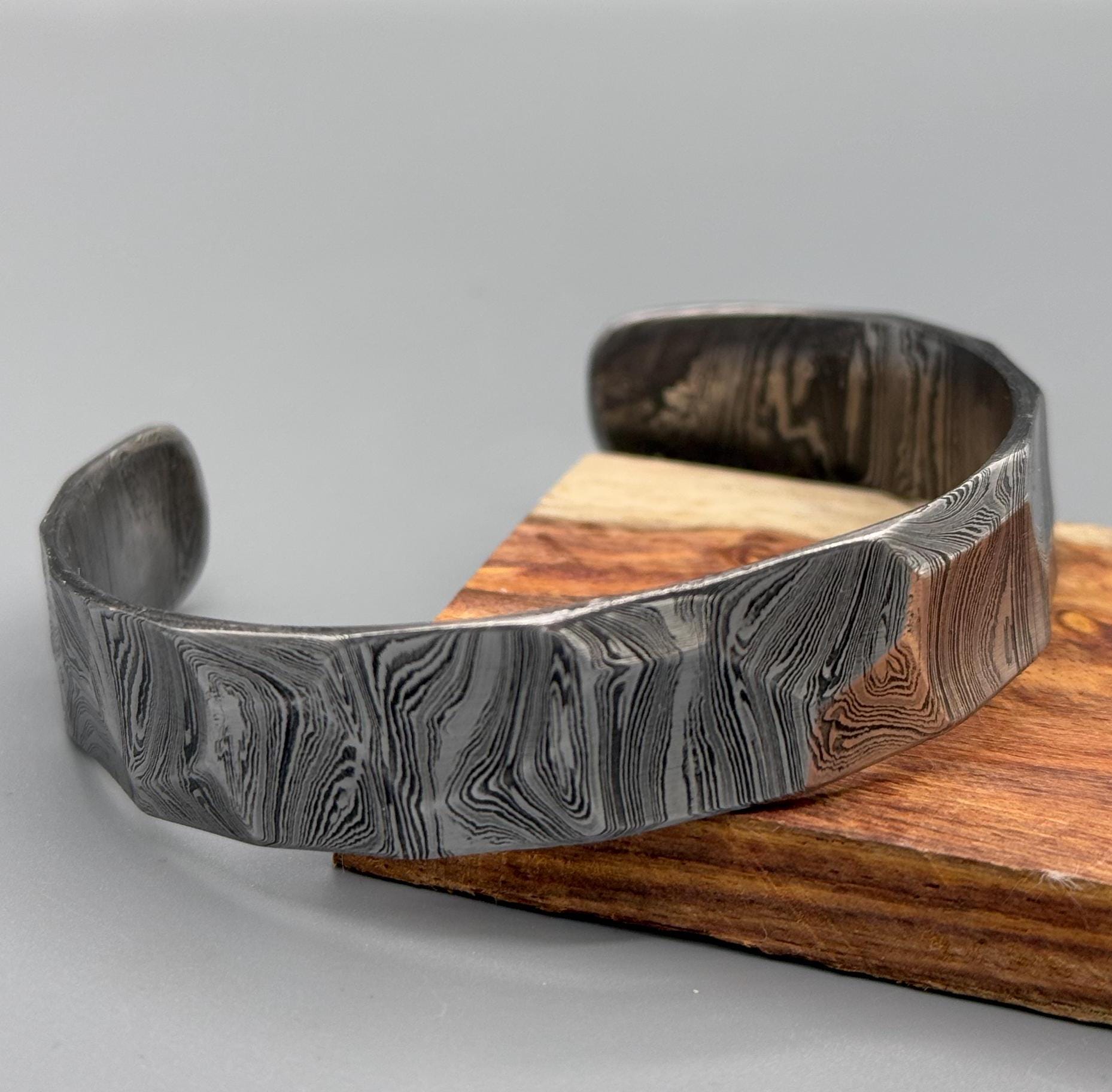 Viking Bracelet - Hand Forged Damascus Steel Cuff Bracelet with Copper Inlay Viking Bangle, Modern