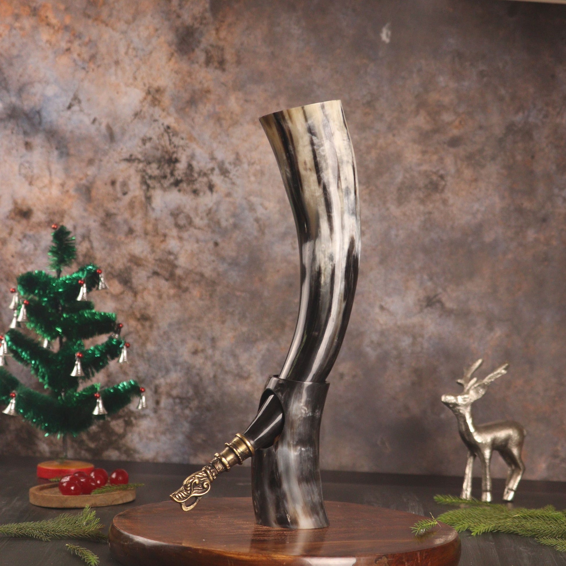 Viking Wolf Weapon Replica - Norse Viking War Horn, Handmade Engraved Wolf Ox Horn, Leather Strap