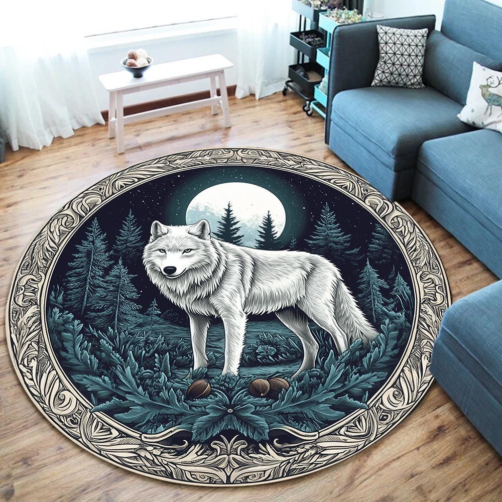 Viking Wolf Rug - Nordic Wolf Round Rug, Viking Wolf Area Rug, Celtic Knot Forest Decor, Mountain