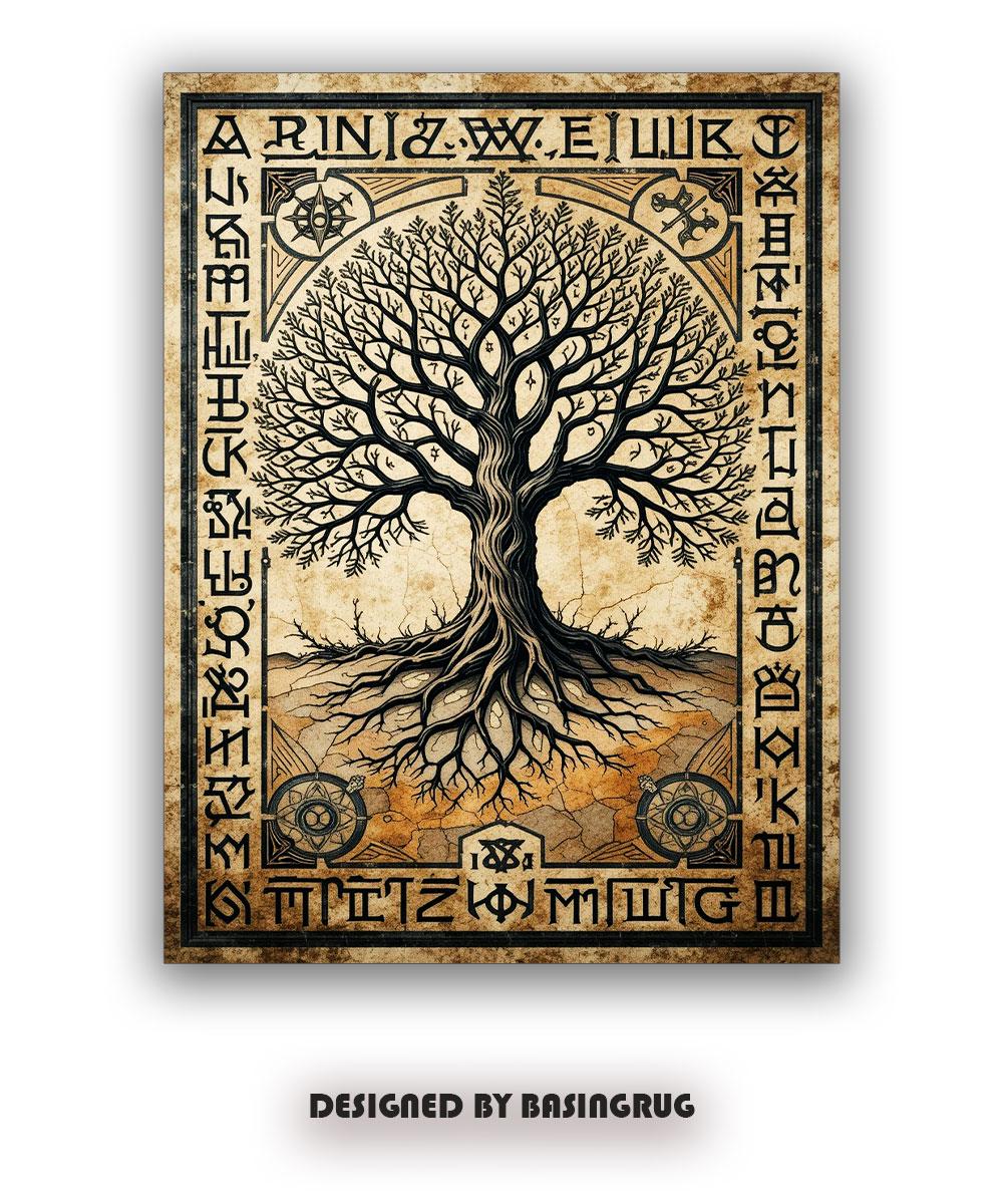 Viking Yggdrasil Tree of Life Rug - Yggdrasil Tree of Life Rug, Nordic Mythology Rug, Viking Runes