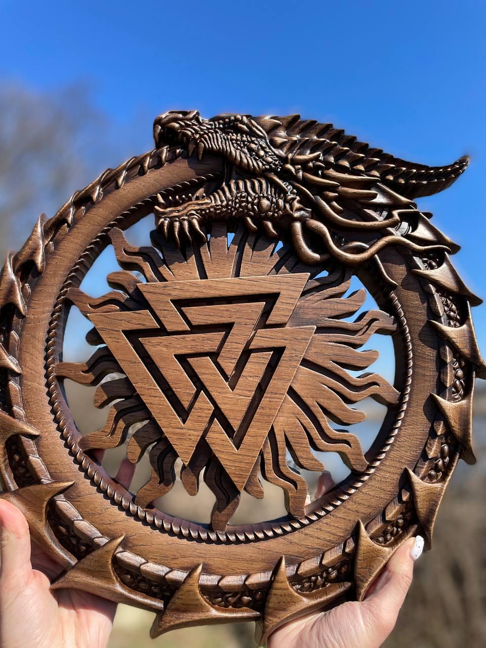 Viking Valknut Home Decor - Hand-Carved Wooden Ouroboros with Valknut, Viking Dragon Wall Decor