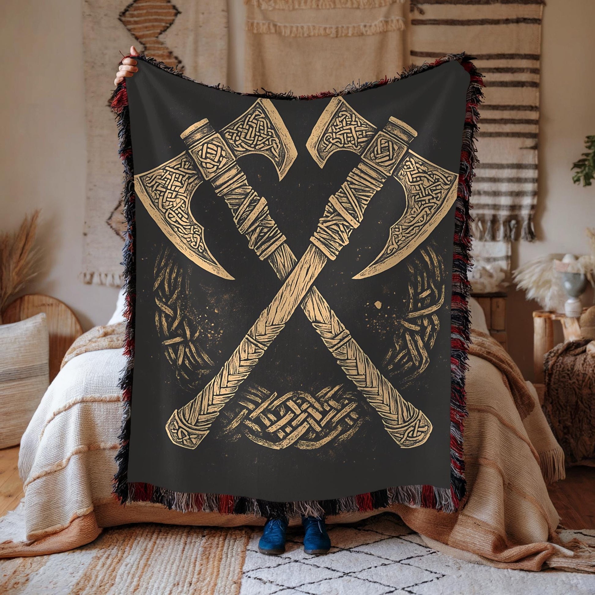 Viking Raven Blanket - Viking Axes Woven Throw Blanket, Norse Raven Celtic Knot Tapestry, Medieval