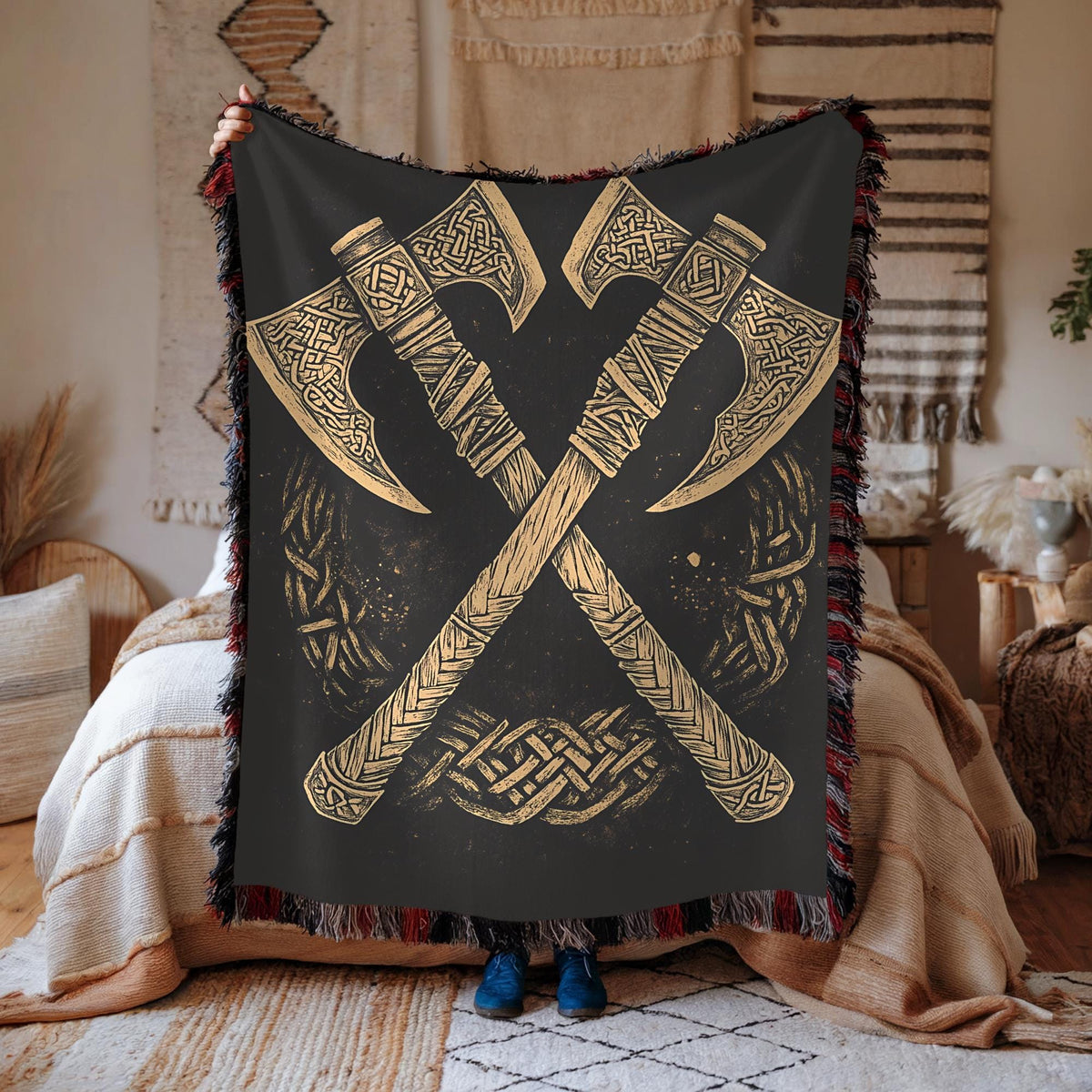 Viking Raven Blanket - Viking Axes Woven Throw Blanket, Norse Raven Celtic Knot Tapestry, Medieval