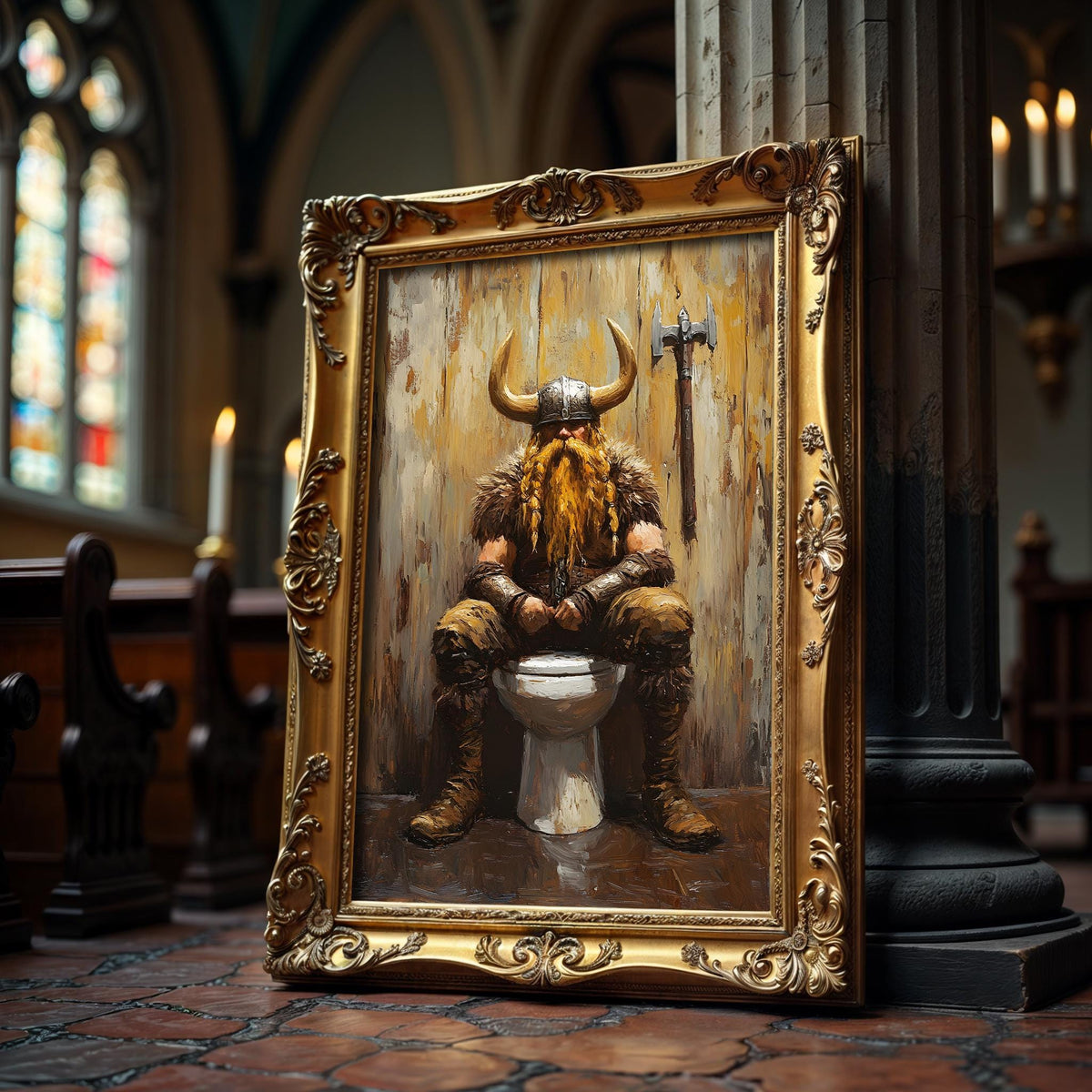 Viking Home Decor - Funny Viking on Toilet Art Print, Nordic Bathroom Humor