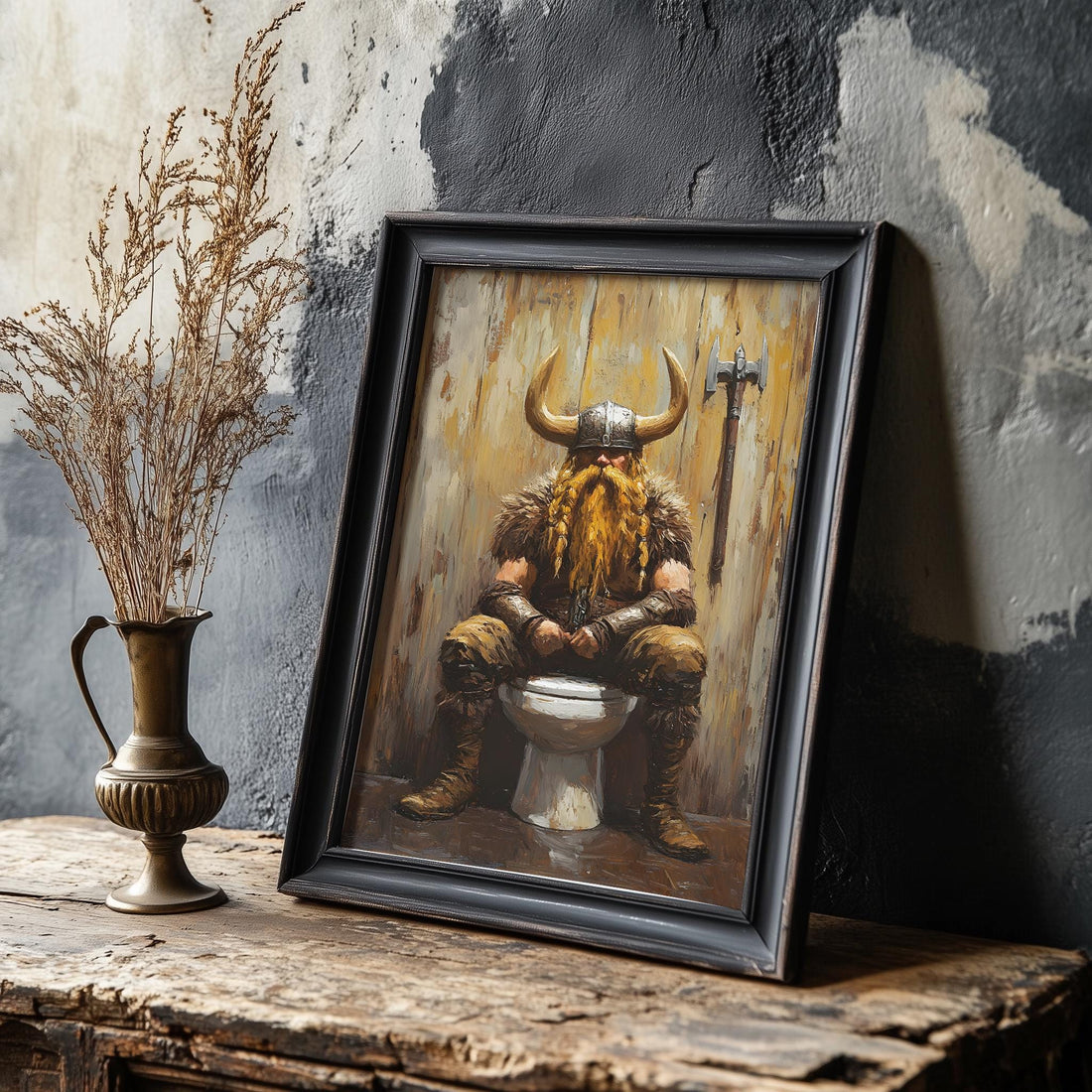 Viking Home Decor - Funny Viking on Toilet Art Print, Nordic Bathroom Humor