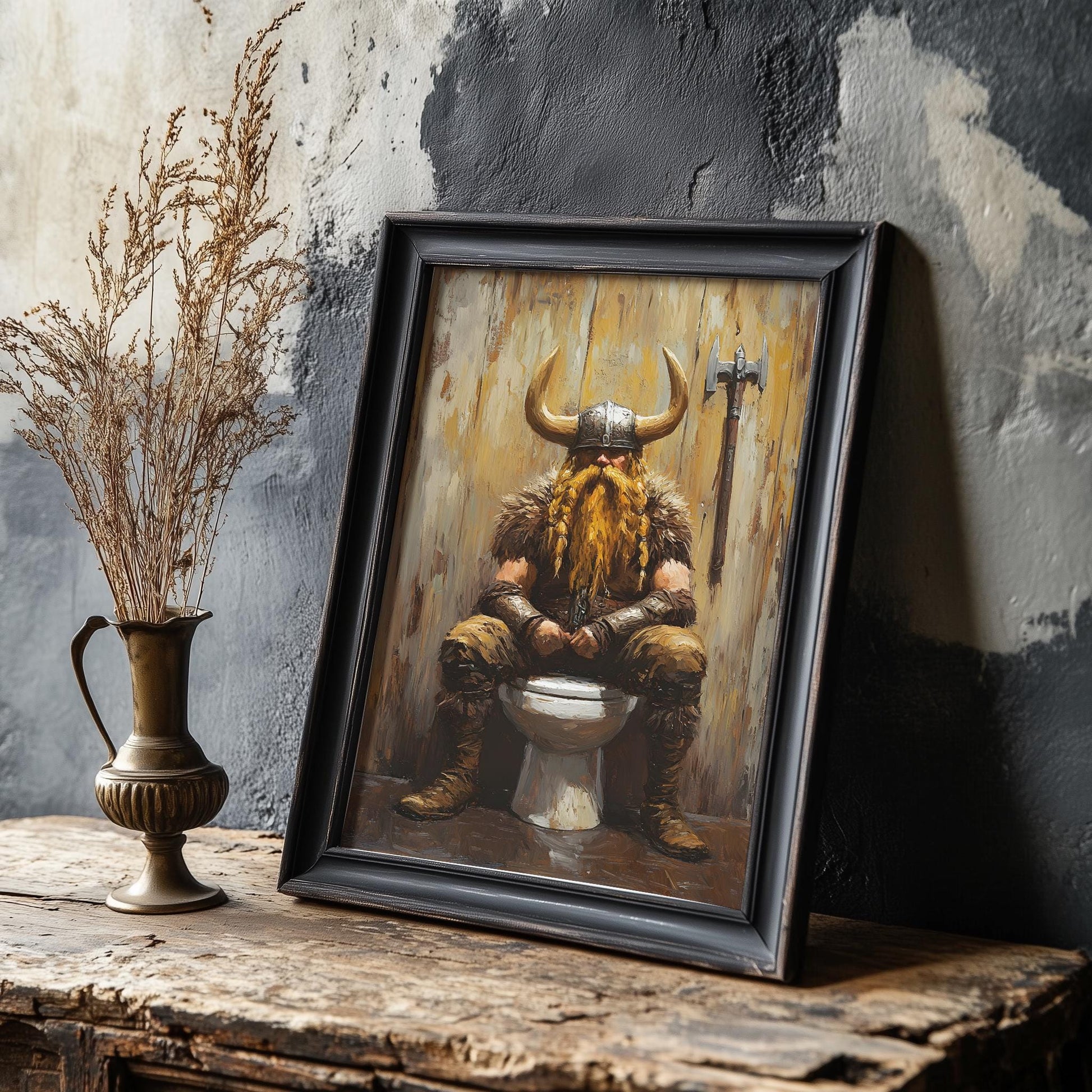 Viking Home Decor - Funny Viking on Toilet Art Print, Nordic Bathroom Humor