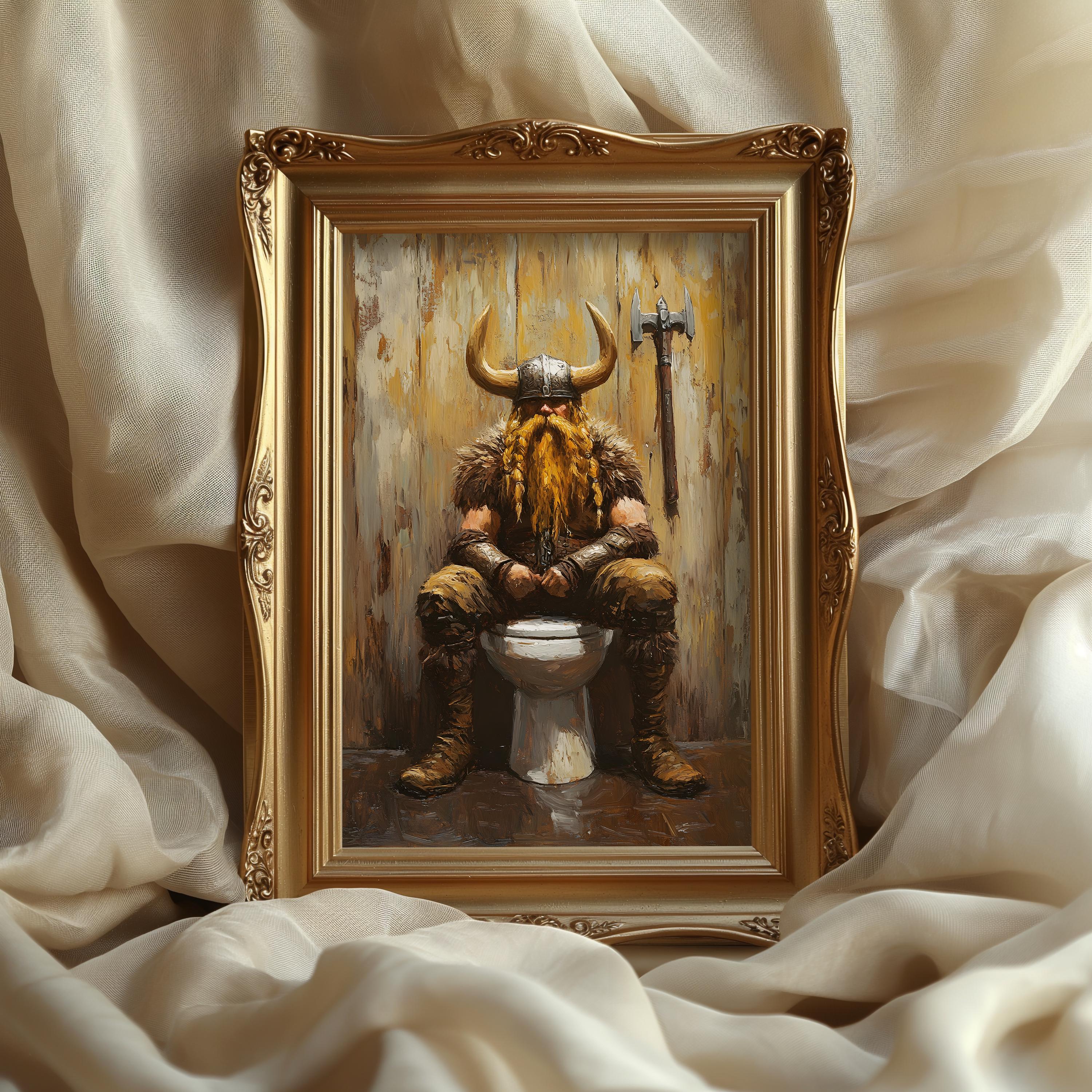 Viking Home Decor - Funny Viking on Toilet Art Print, Nordic Bathroom Humor