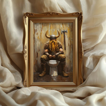 Viking Home Decor - Funny Viking on Toilet Art Print, Nordic Bathroom Humor