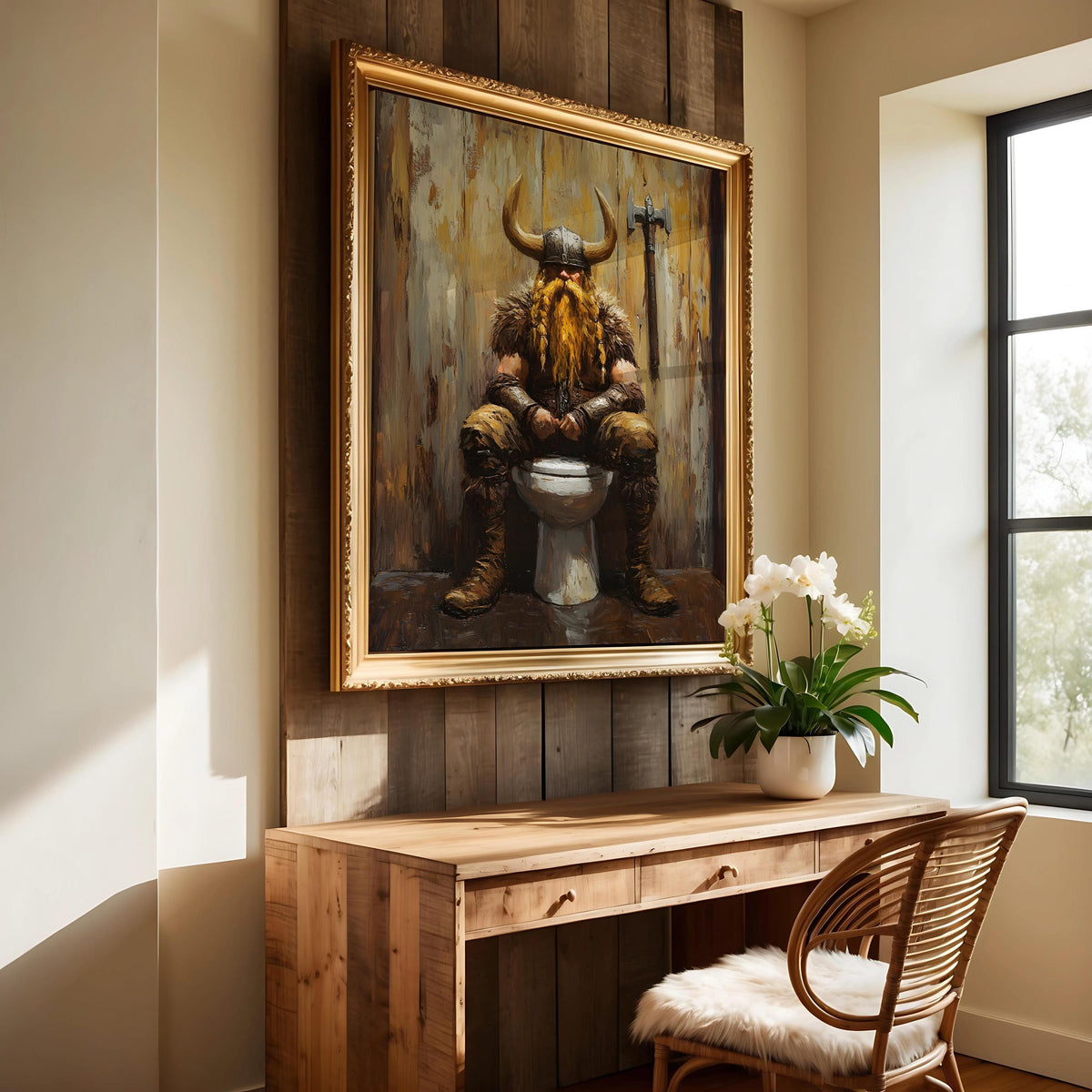 Viking Home Decor - Funny Viking on Toilet Art Print, Nordic Bathroom Humor