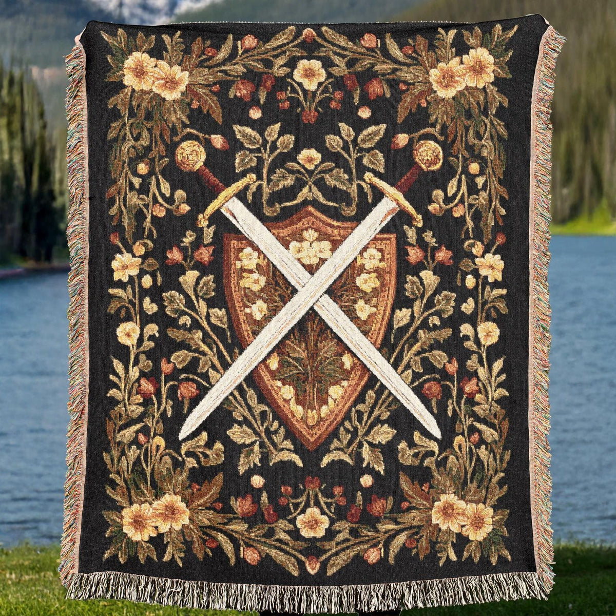 Viking Raven Blanket - Viking Axes Woven Throw Blanket, Norse Raven Celtic Knot Tapestry, Medieval