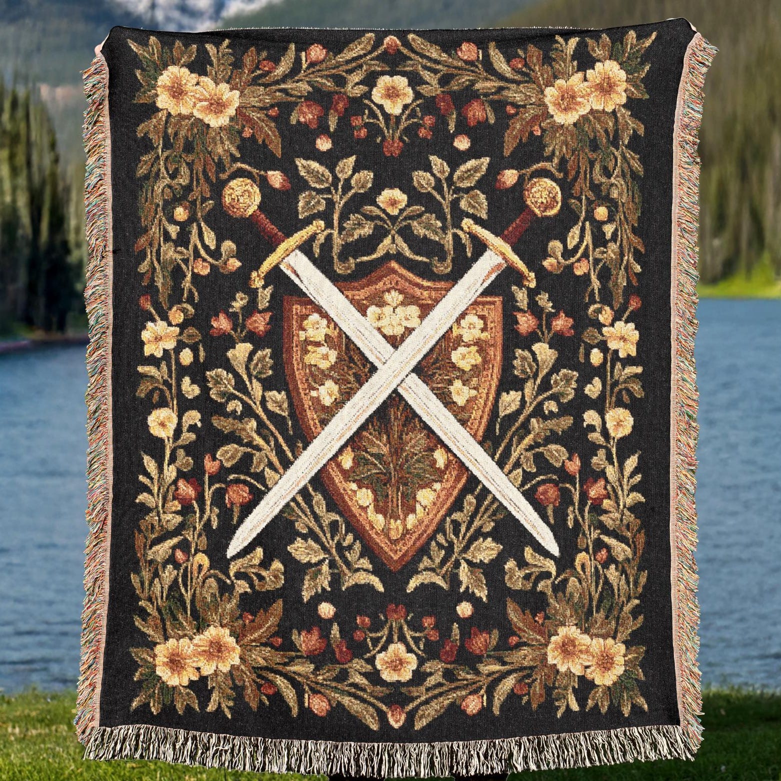 Viking Raven Blanket - Viking Axes Woven Throw Blanket, Norse Raven Celtic Knot Tapestry, Medieval