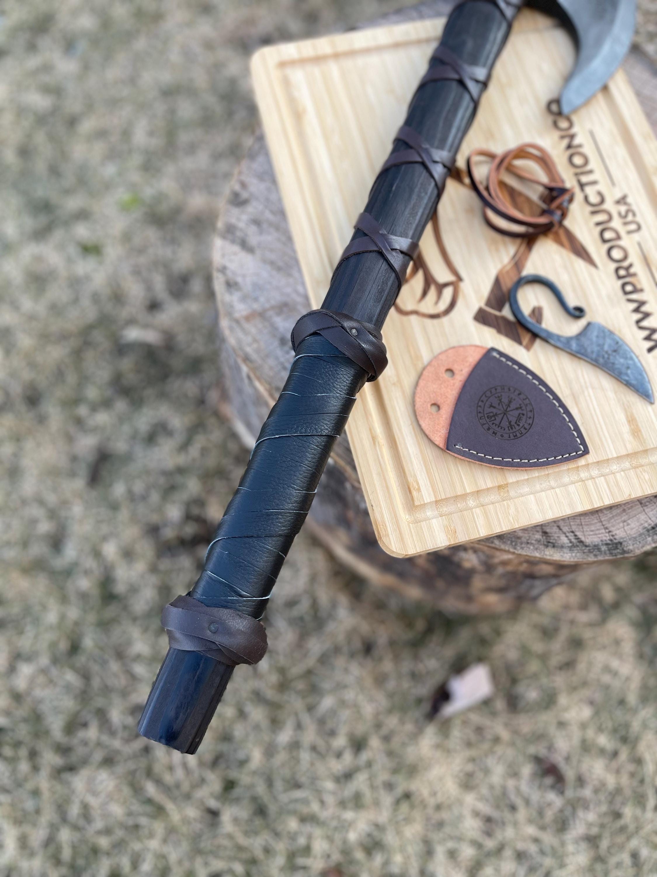 Viking Weapon Replica - Hand Forged Viking Axe: Black Camping Axe with Leather Cover