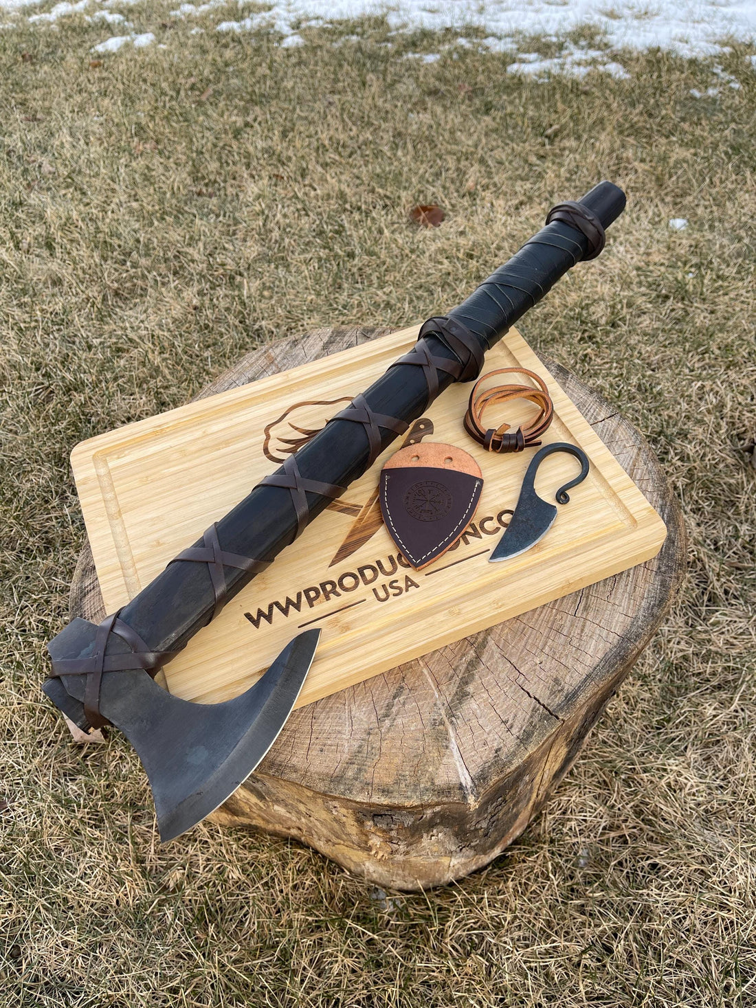 Viking Weapon Replica - Hand Forged Viking Axe: Black Camping Axe with Leather Cover