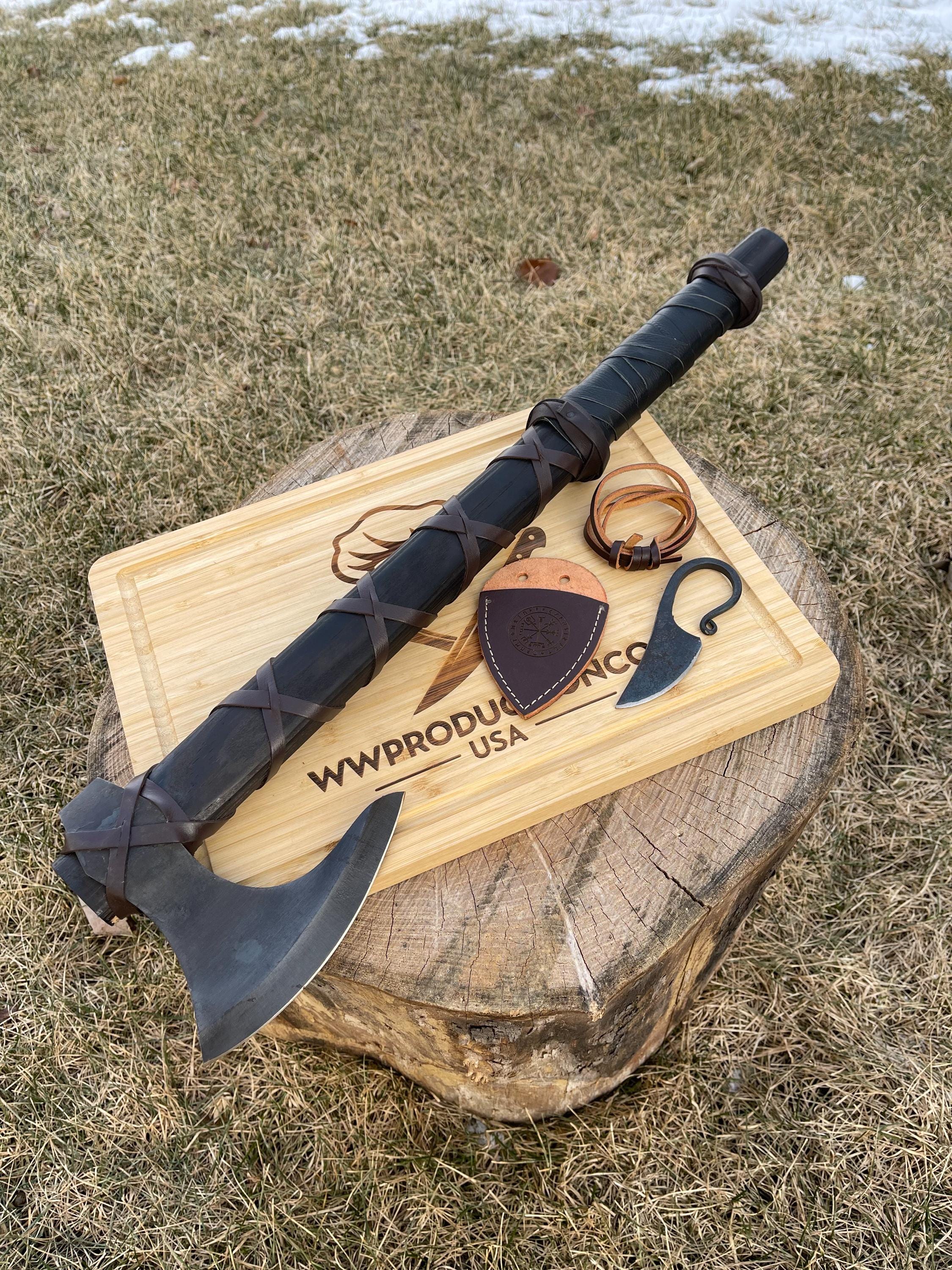 Viking Weapon Replica - Hand Forged Viking Axe: Black Camping Axe with Leather Cover