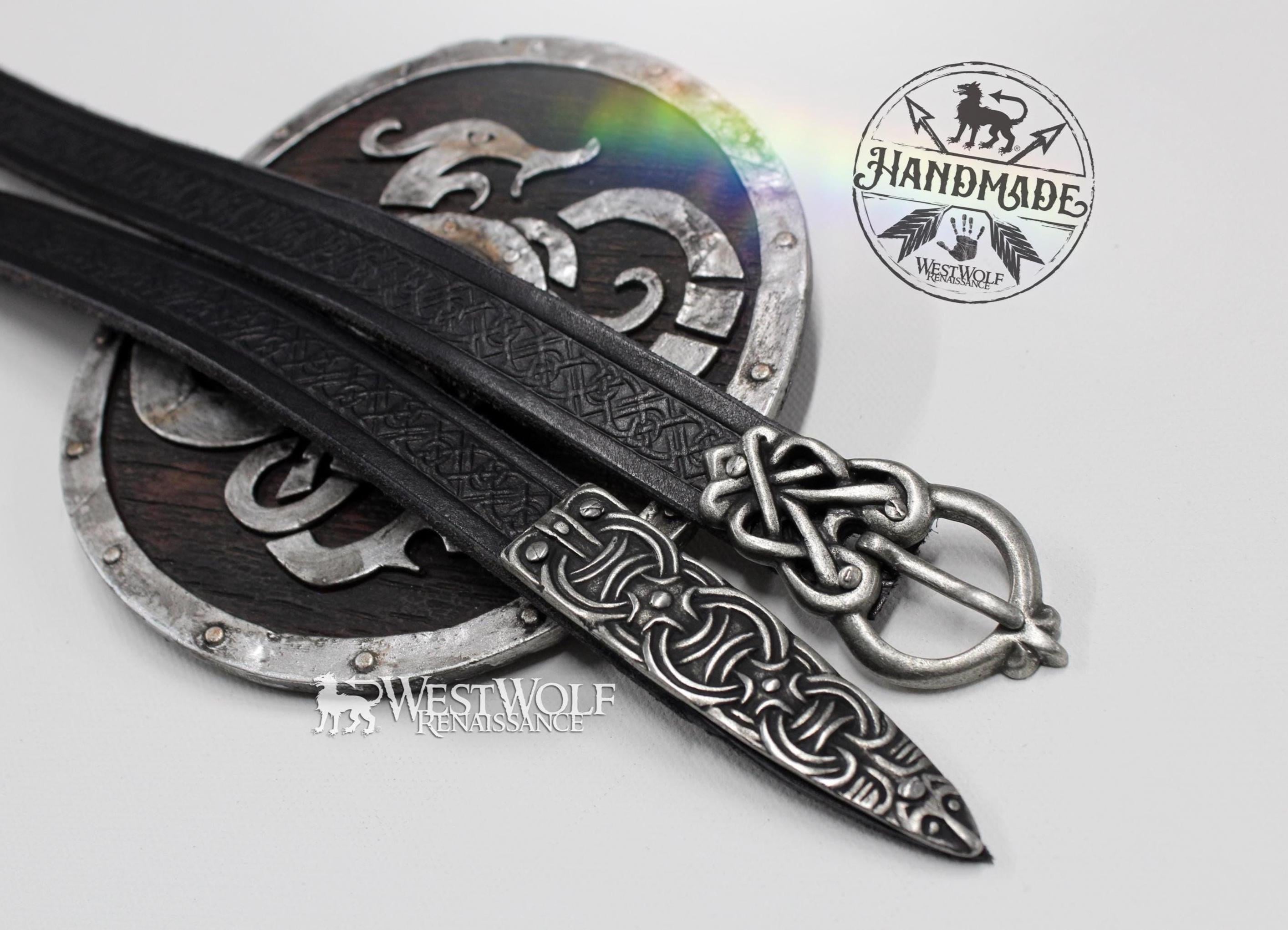 Viking Leather Accessory - Embossed Viking belt from brown or black 3, 2mm leather, with bronze