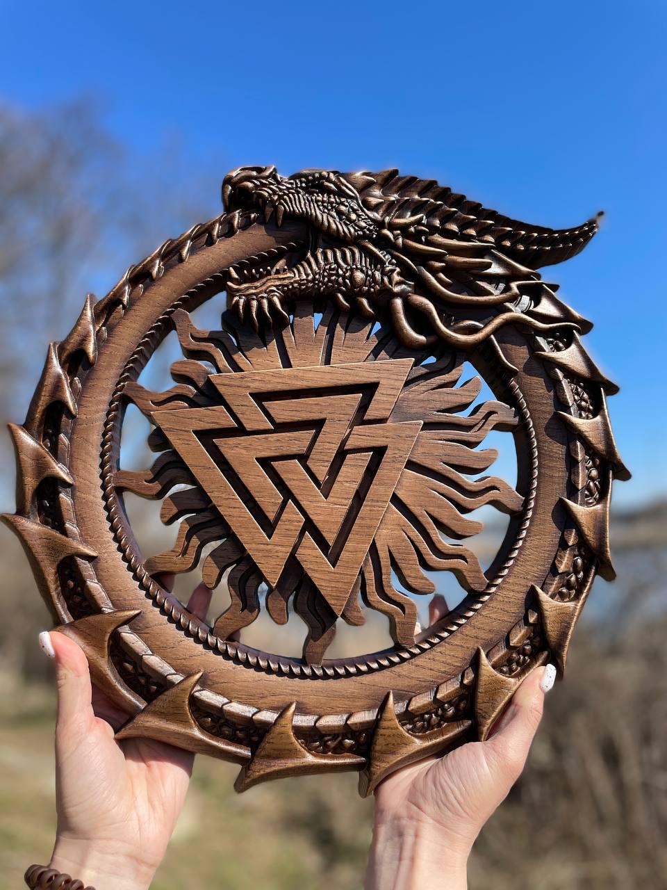 Viking Valknut Home Decor - Hand-Carved Wooden Ouroboros with Valknut, Viking Dragon Wall Decor