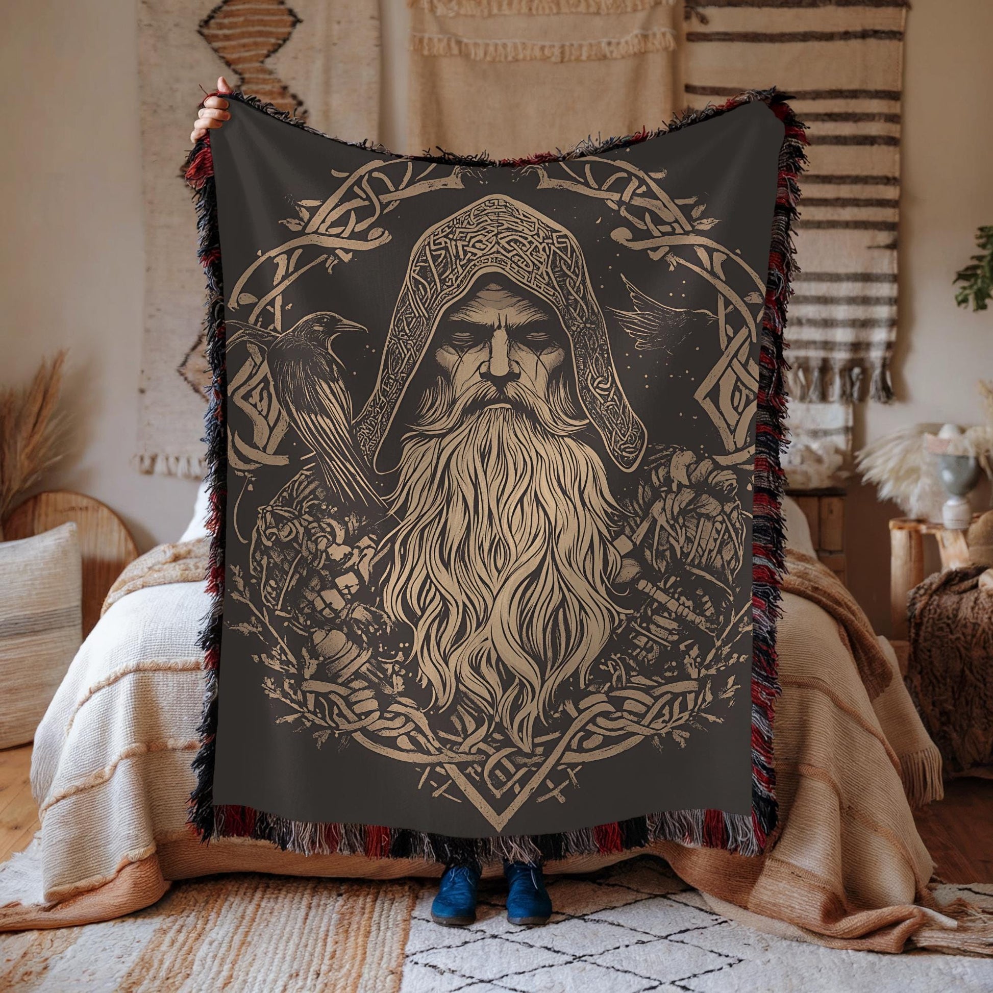 Viking Raven Blanket - Viking Longship Tapestry Wall Hanging Norse Raven Fjord Wall Art Large Wall