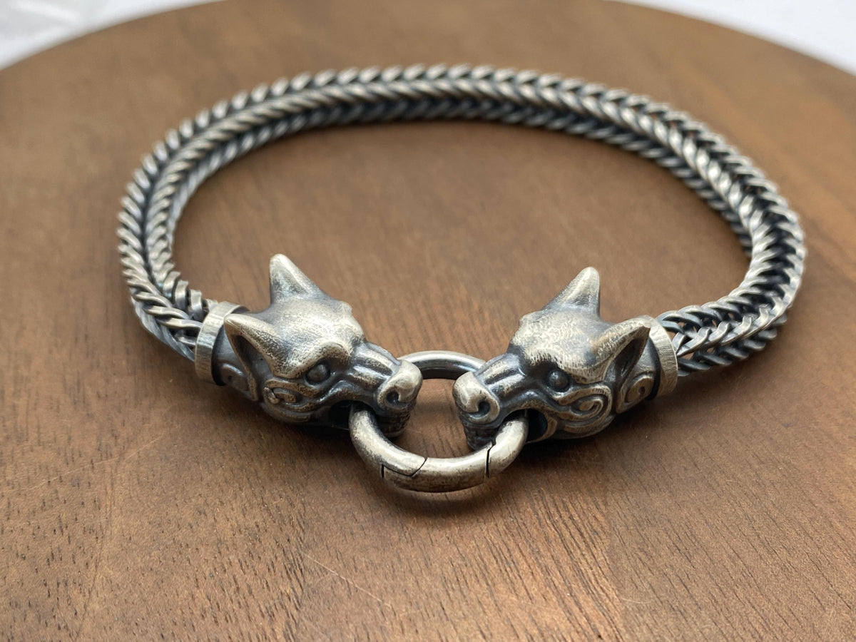 Viking Odin Necklace - Heavy Odin Wolves Viking Bangle Bracelet - 925 Sterling Silver Nordic Amulet