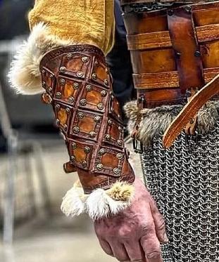 Viking Costume & LARP - 2pc Viking Fur Trim Bracers, Real Rabbit Fur Medieval Leather Arm Warmers