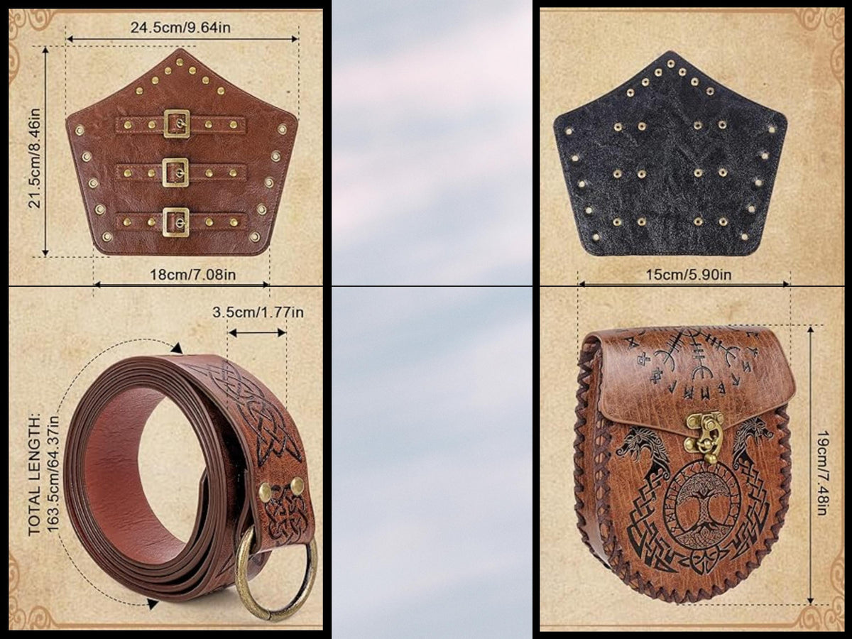 Viking Costume & LARP - Medieval Leather Bracer, Belt and Pouch for Halloween Cosplay, Viking