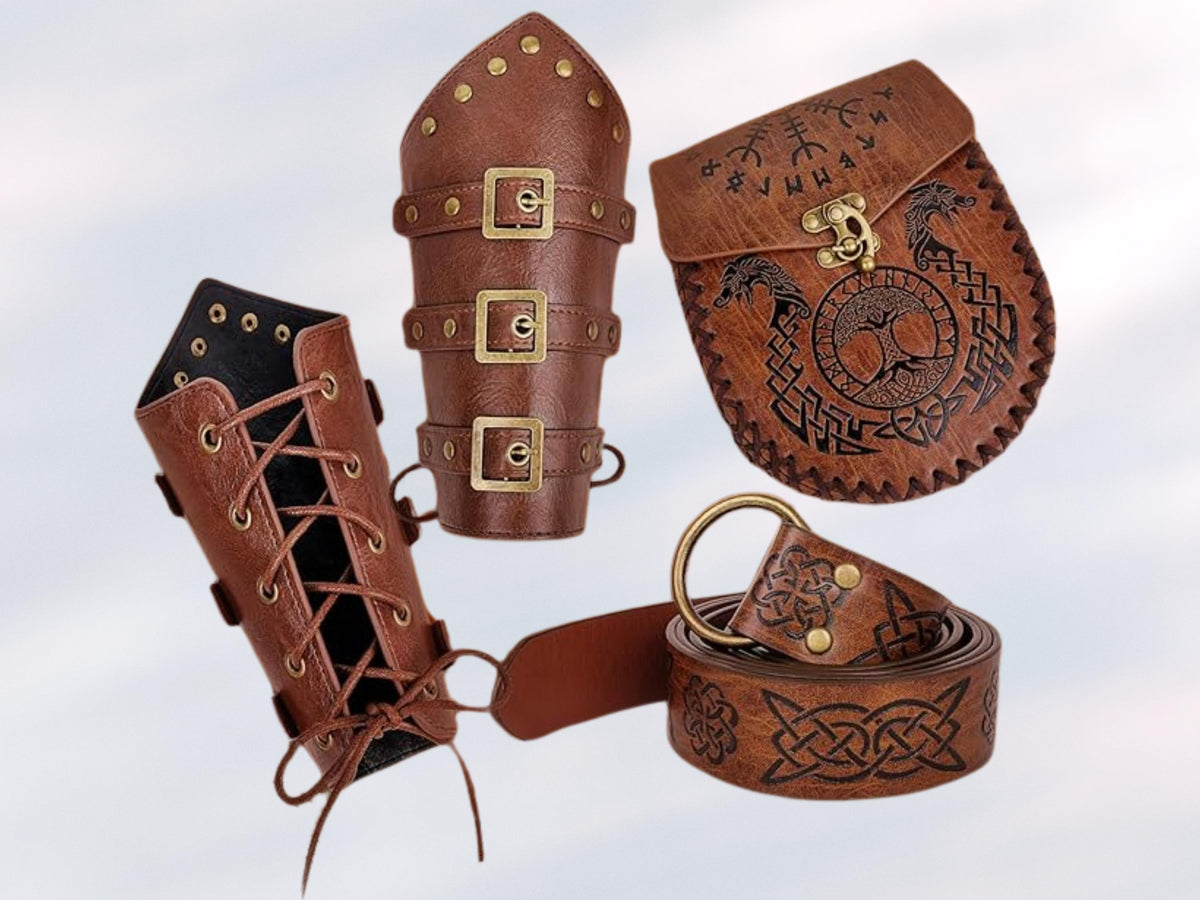 Viking Costume & LARP - Medieval Leather Bracer, Belt and Pouch for Halloween Cosplay, Viking