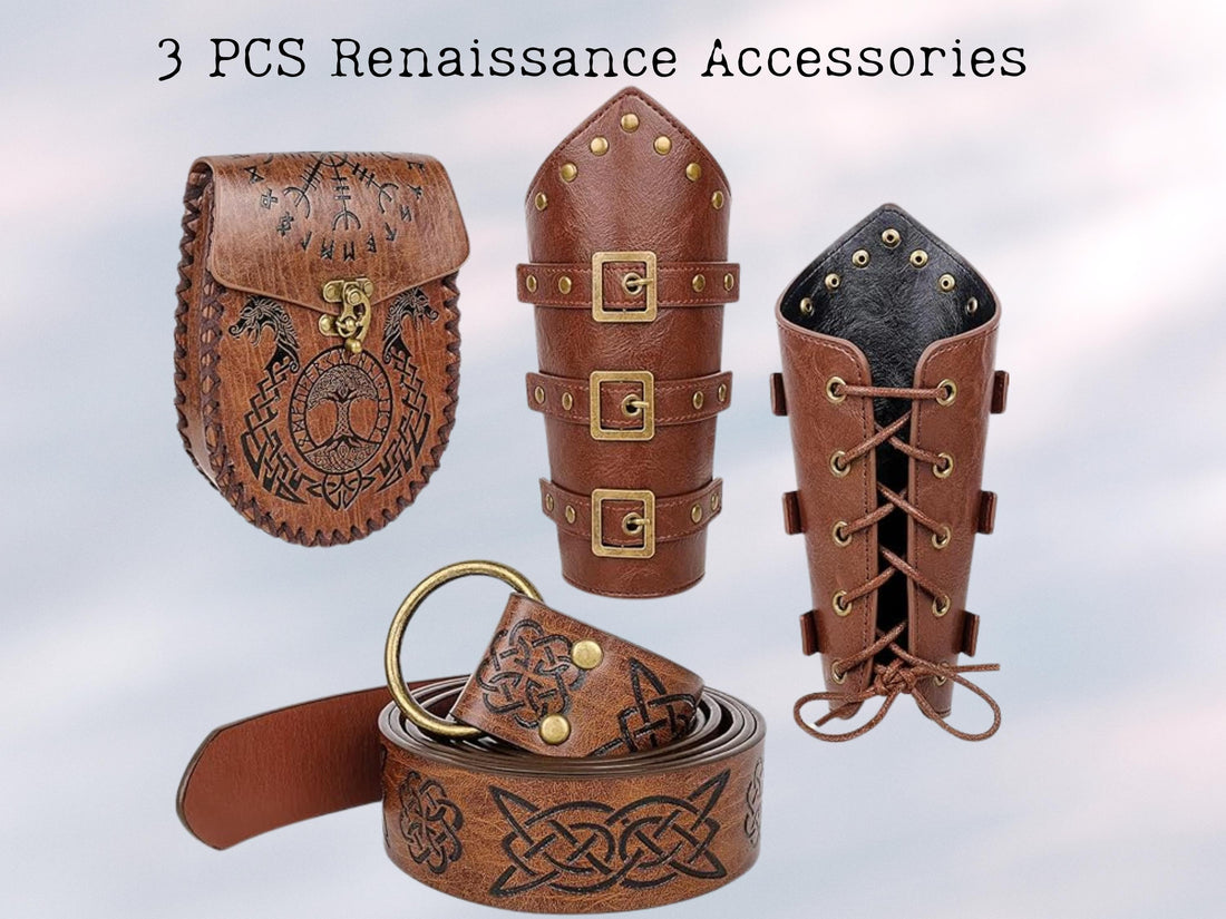 Viking Costume & LARP - Medieval Leather Bracer, Belt and Pouch for Halloween Cosplay, Viking