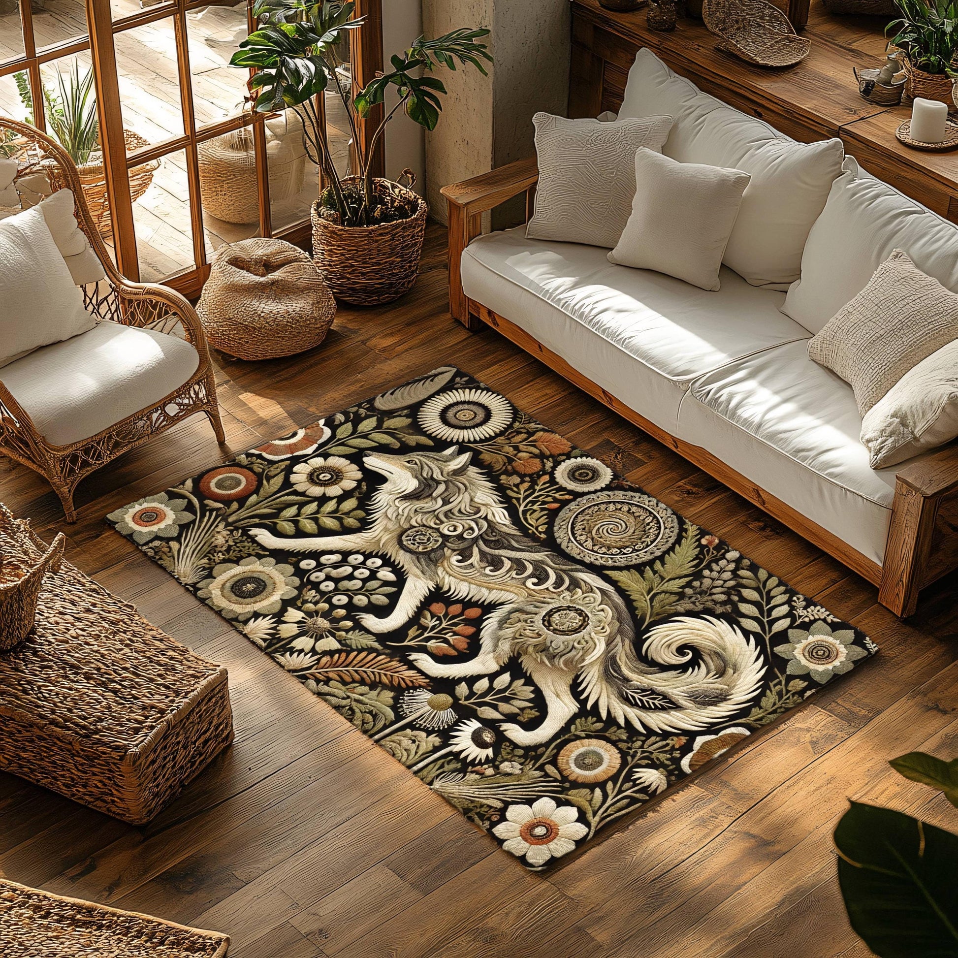 Viking Wolf Rug - Nordic Wolf Round Rug, Viking Wolf Area Rug, Celtic Knot Forest Decor, Mountain