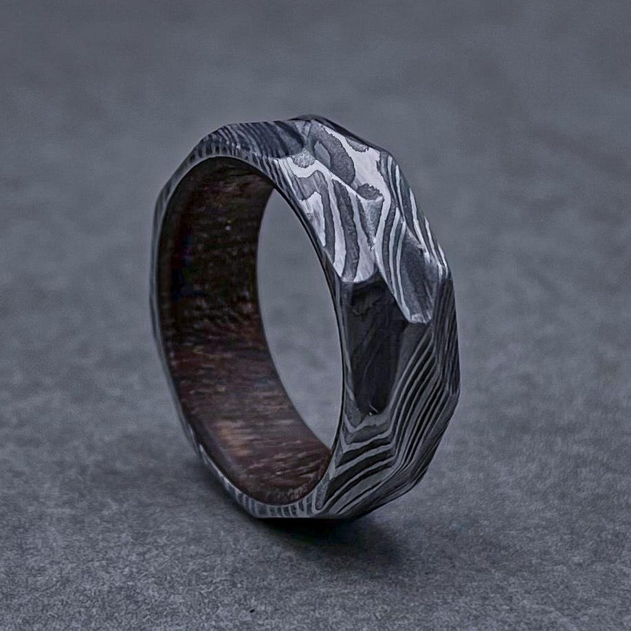 Viking Ring - Viking Damascus Ring, Rock Hammered Band, Mens Wedding Band, Norse Ring, Anniversary