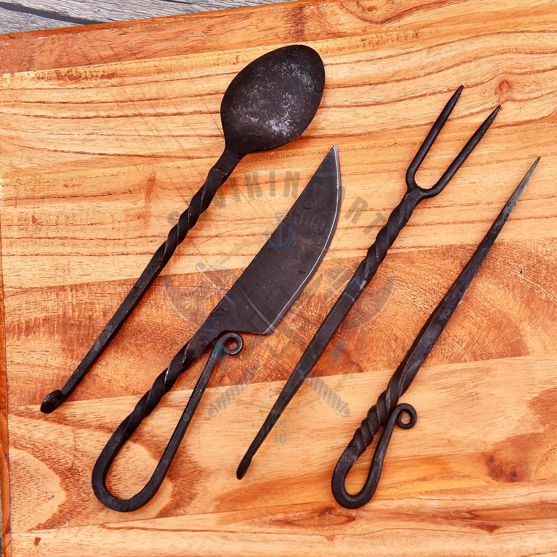 Viking Leather Accessory - Hand Forged Viking Cutlery Set – High Carbon Steel Medieval Utensils Set