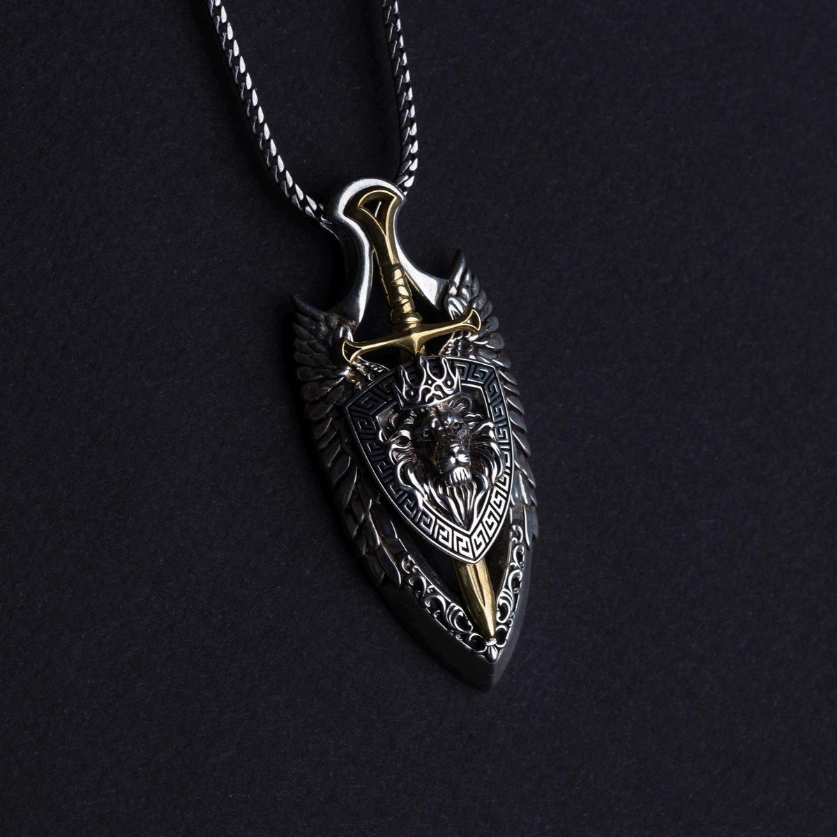 Viking Necklace - Sterling Silver Lion Head Pendant: Viking Sword Amulet