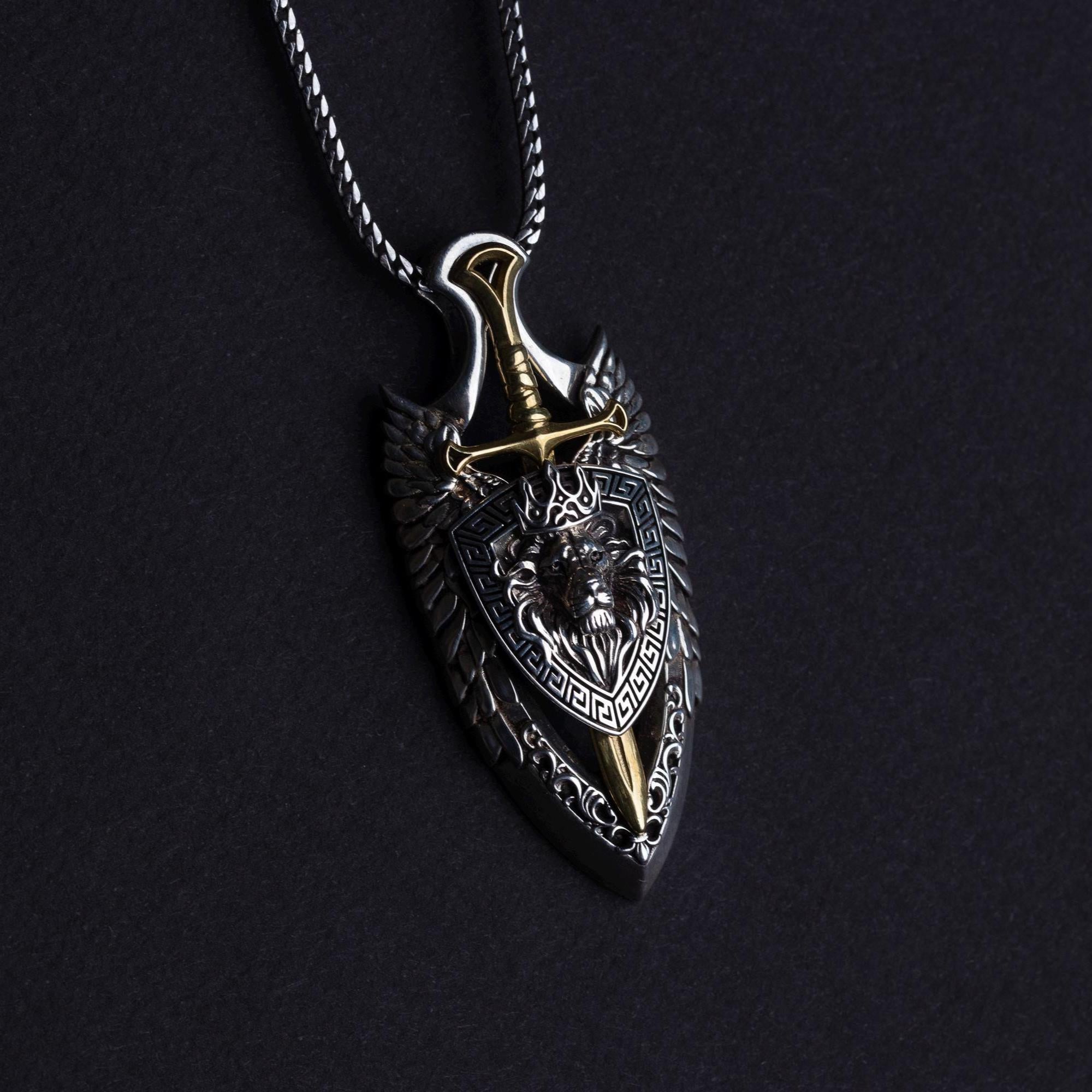 Viking Necklace - Sterling Silver Lion Head Pendant: Viking Sword Amulet