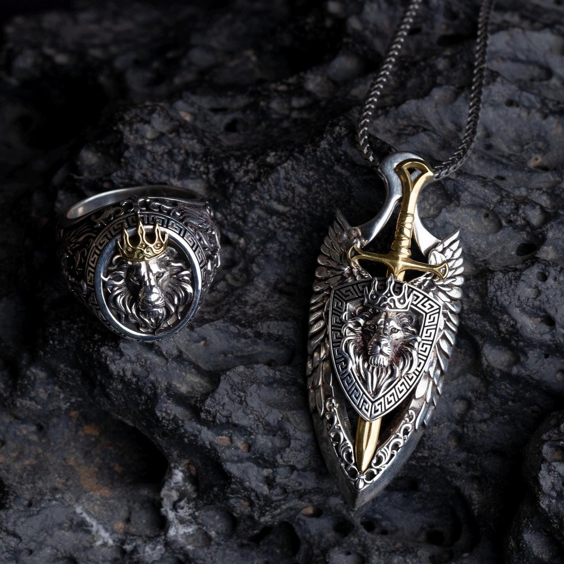 Viking Necklace - Sterling Silver Lion Head Pendant: Viking Sword Amulet