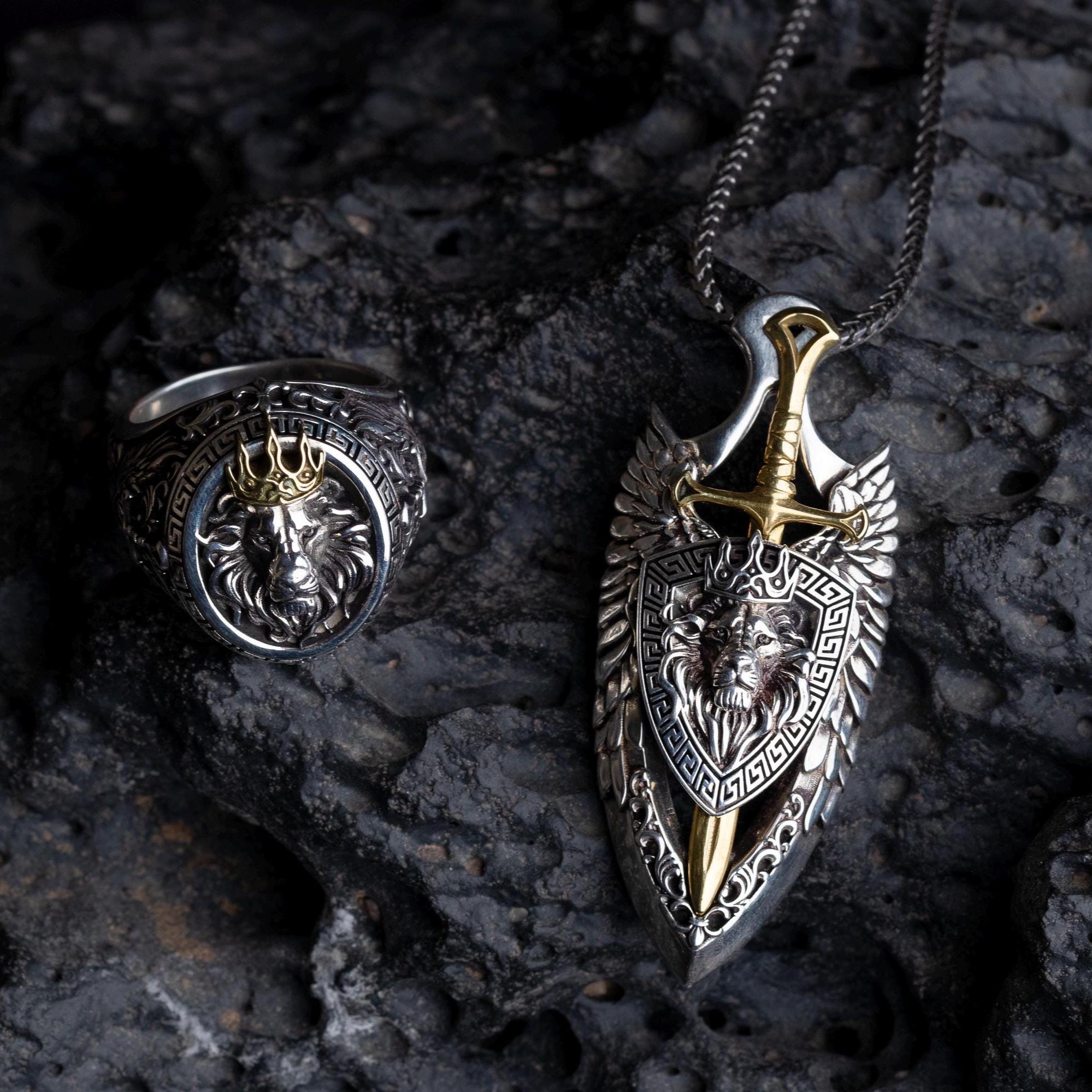 Viking Necklace - Sterling Silver Lion Head Pendant: Viking Sword Amulet