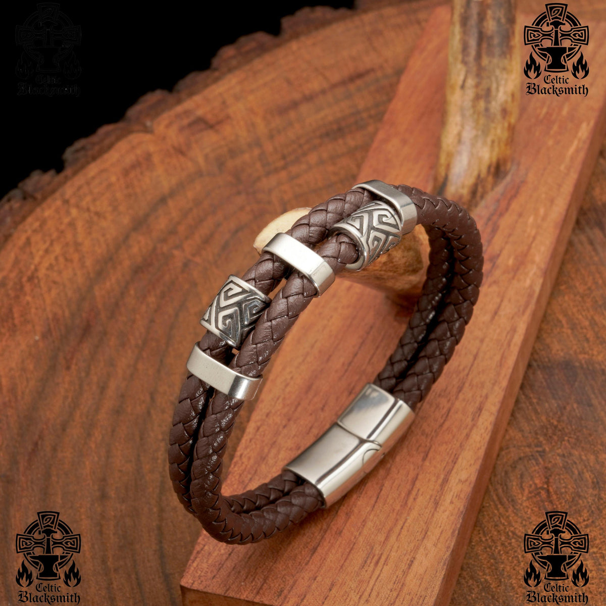 Viking Bracelet - Midnight Charm Double Black Braided Leather Cuff - Handmade Stylish Viking Steel