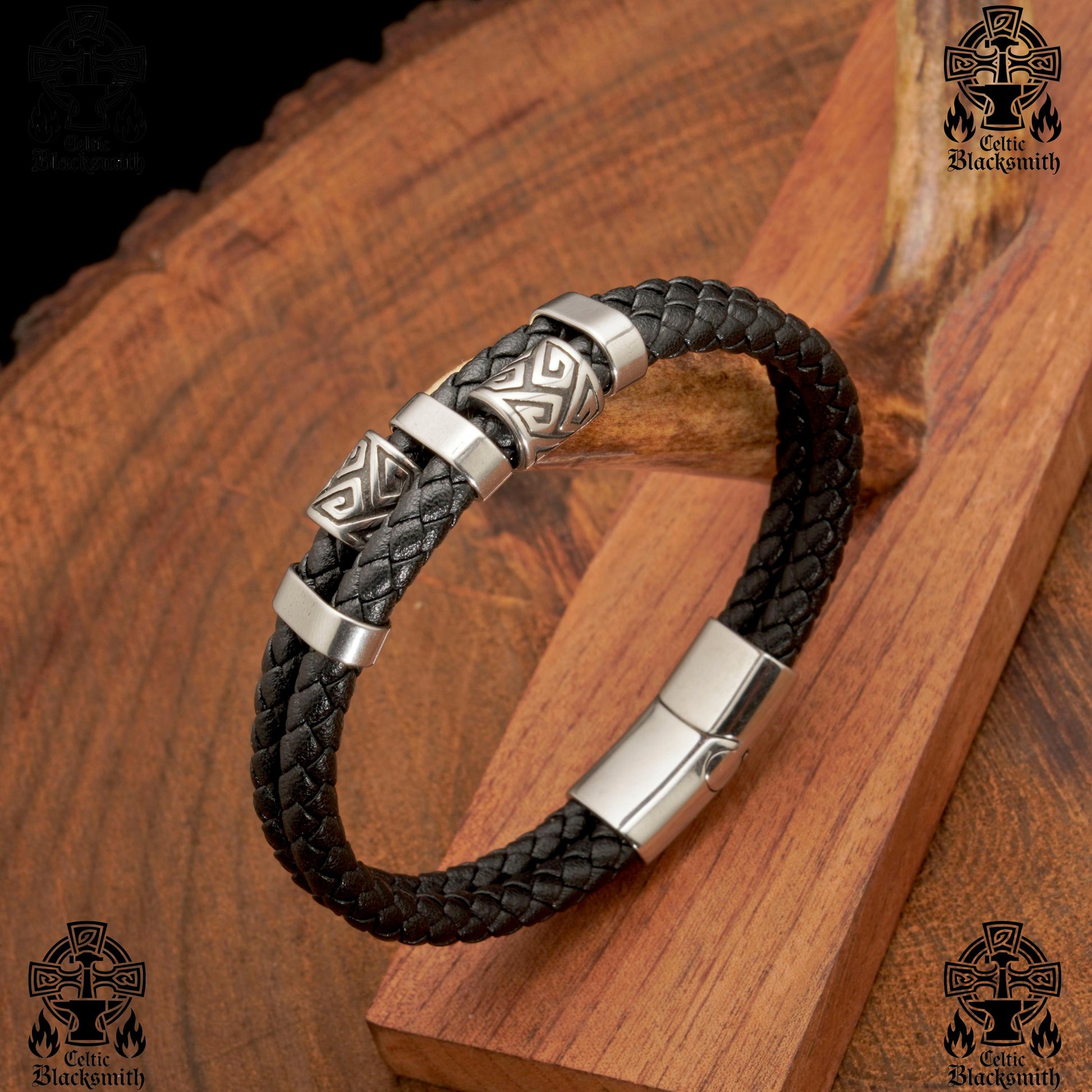 Viking Bracelet - Midnight Charm Double Black Braided Leather Cuff - Handmade Stylish Viking Steel