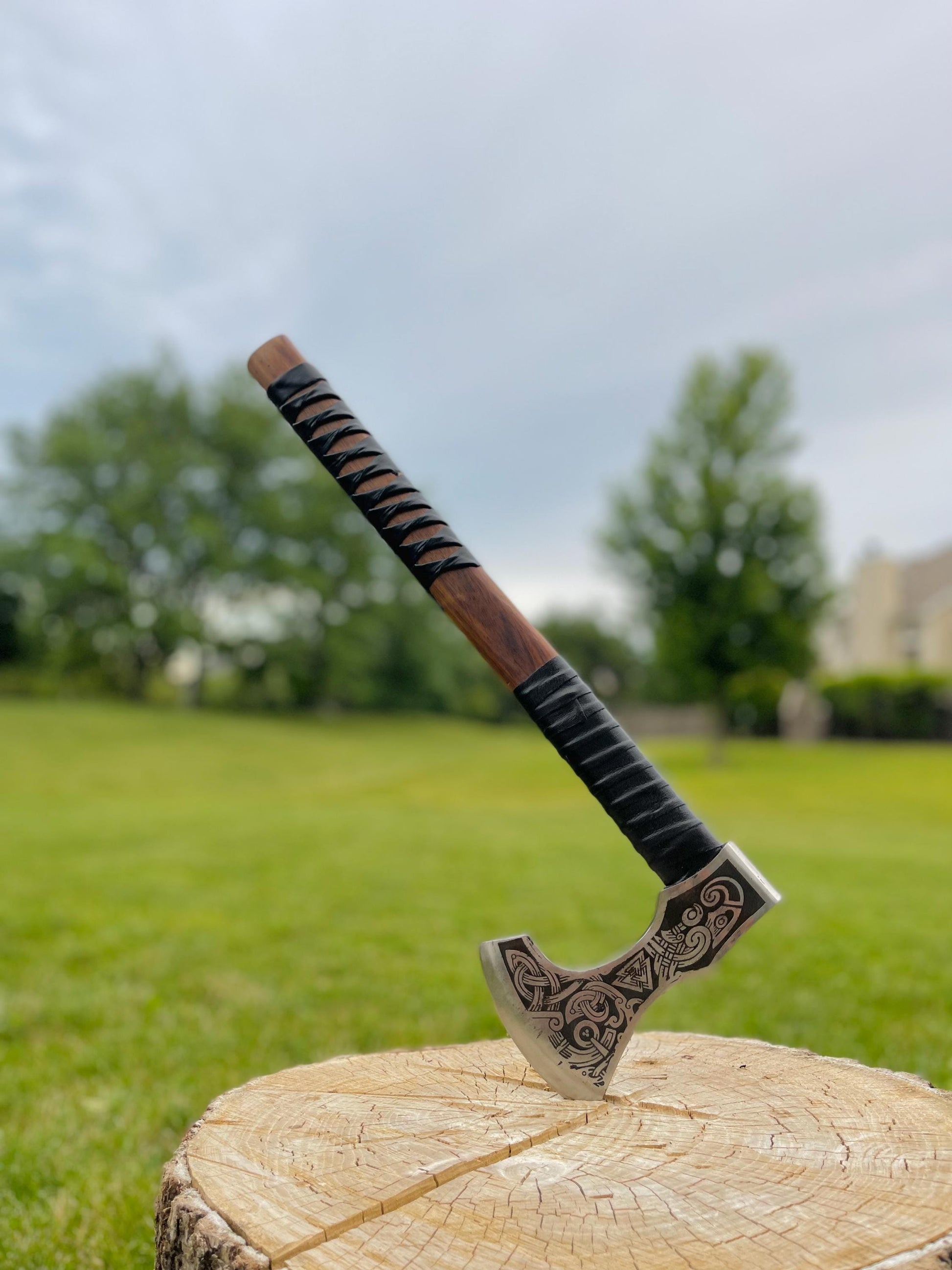 Viking Weapon Replica - Hand Forged Viking Axe: Black Camping Axe with Leather Cover