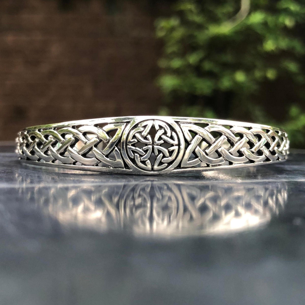 Viking Bracelet - Mens Leather Cuff Bracelet, Celtic Engraved Sterling Silver Braided Viking Norse