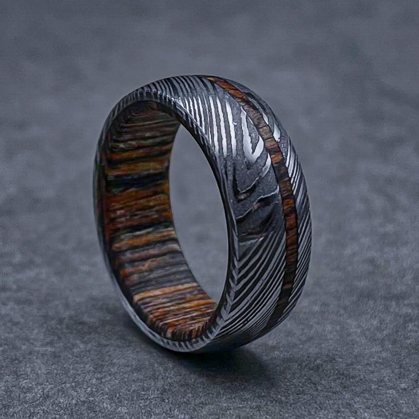 Viking Ring - Viking Damascus Ring, Rock Hammered Band, Mens Wedding Band, Norse Ring, Anniversary